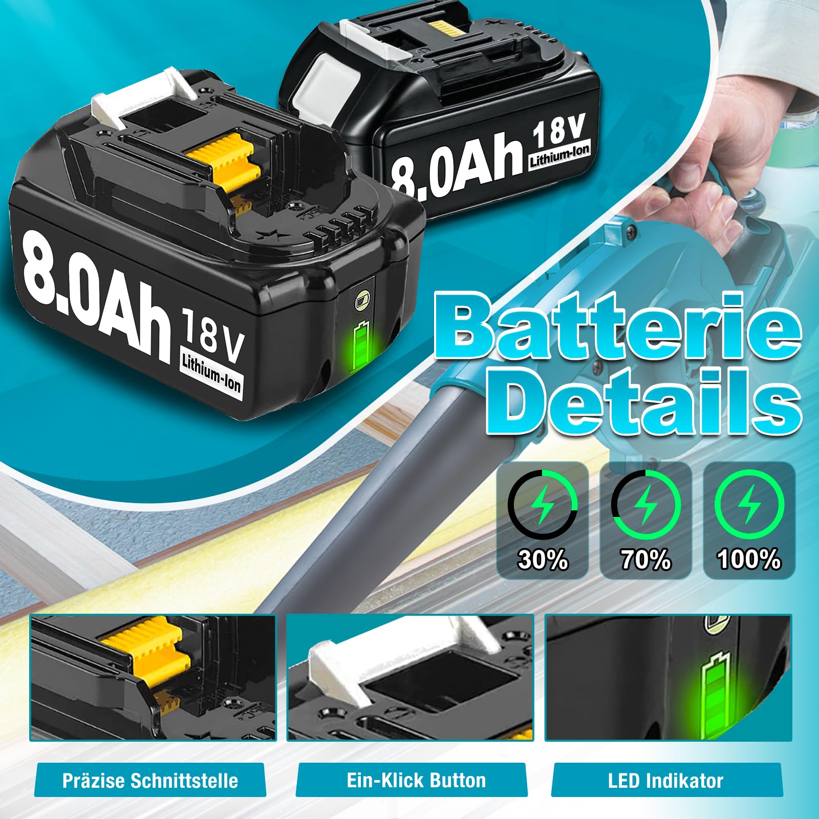 4 Stück 18V 8.0Ah Ersatzakku für Makita Akku+Doppelladegerät für Makita Akku 18V Kompatibel mit BL1860B BL1860 BL1850B BL1850 BL1845 BL1840 BL1835 BL1830 BL1815 194205-3 LXT-400 (5S)