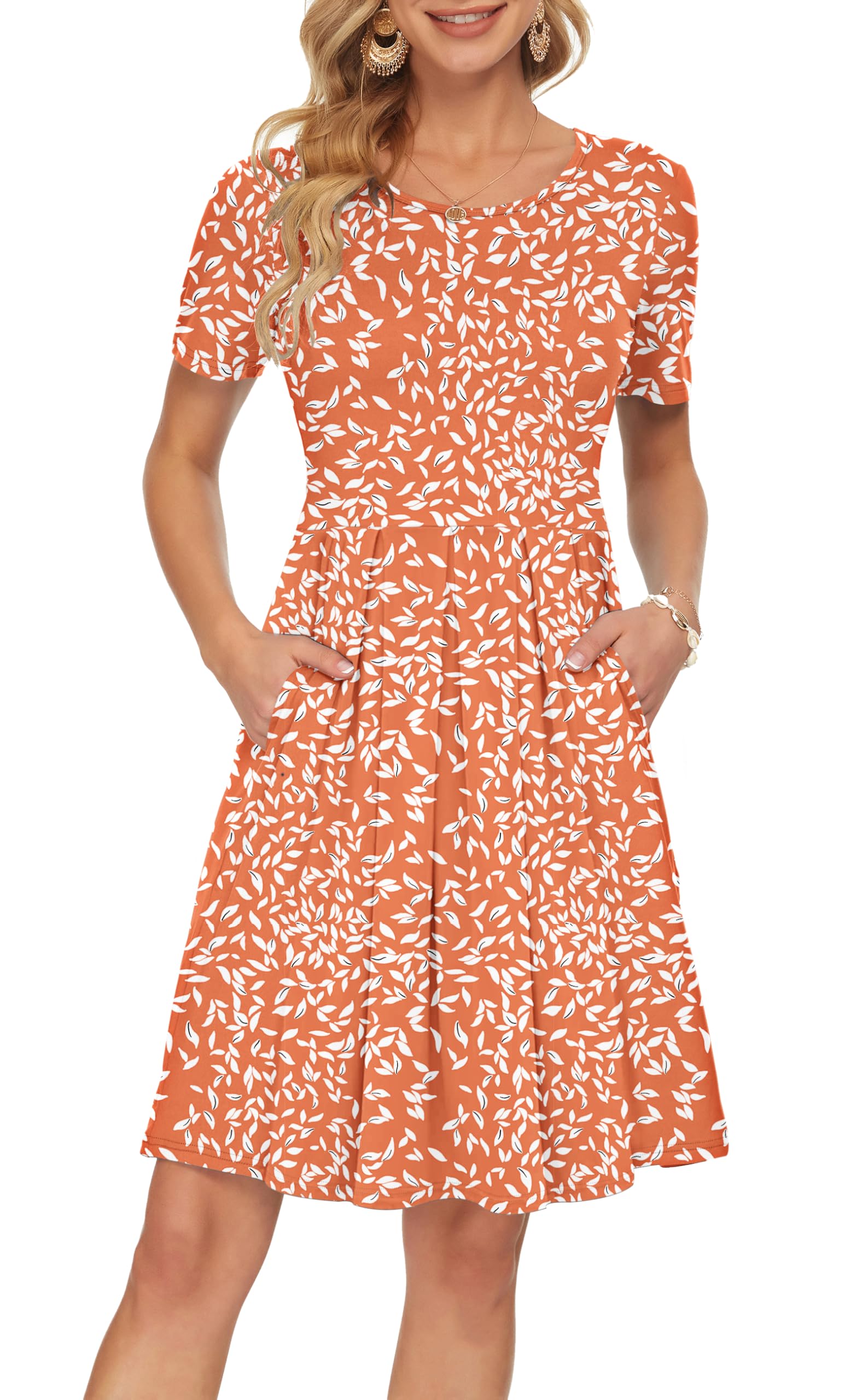 AUSELILY Women's Short Sleeve Pleated Swing Summer Dress with Pockets