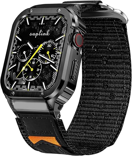 SUPLINK Funda de acero inoxidable y correas de nailon compatibles con Apple Watch Band de 1.496 pulgadas, 1.575 pulgadas, 1.614 pulgadas, correa