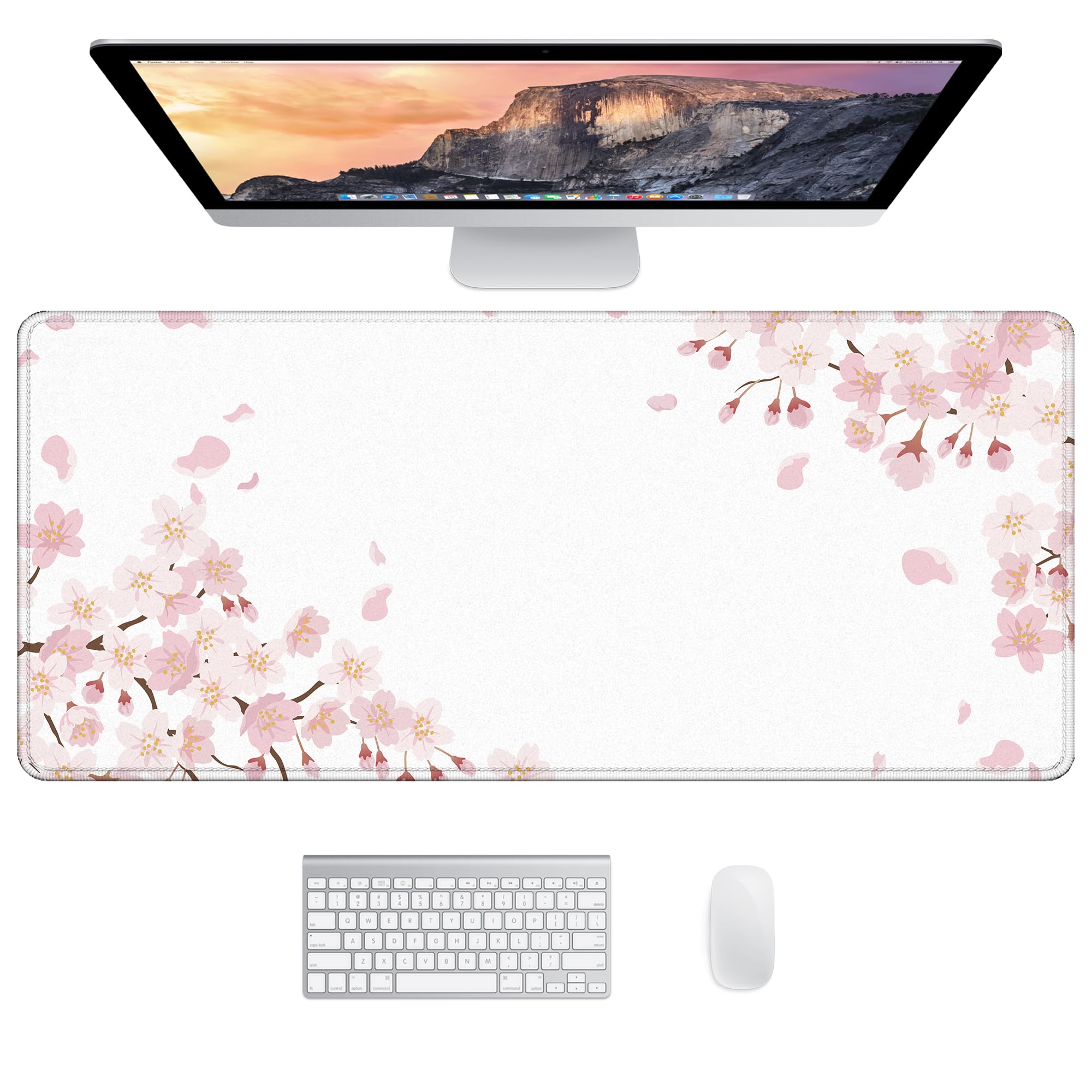 JJ PRIME - Schreibtischunterlage XXL Mauspad Gaming | Schreibtischunterlage Groß Maus Pad | Großes Mauspad XXL Gaming | Tastatur Unterlage Schreibtisch Matte - Mousepad 900x400 mm (Weiß – Sakura)
