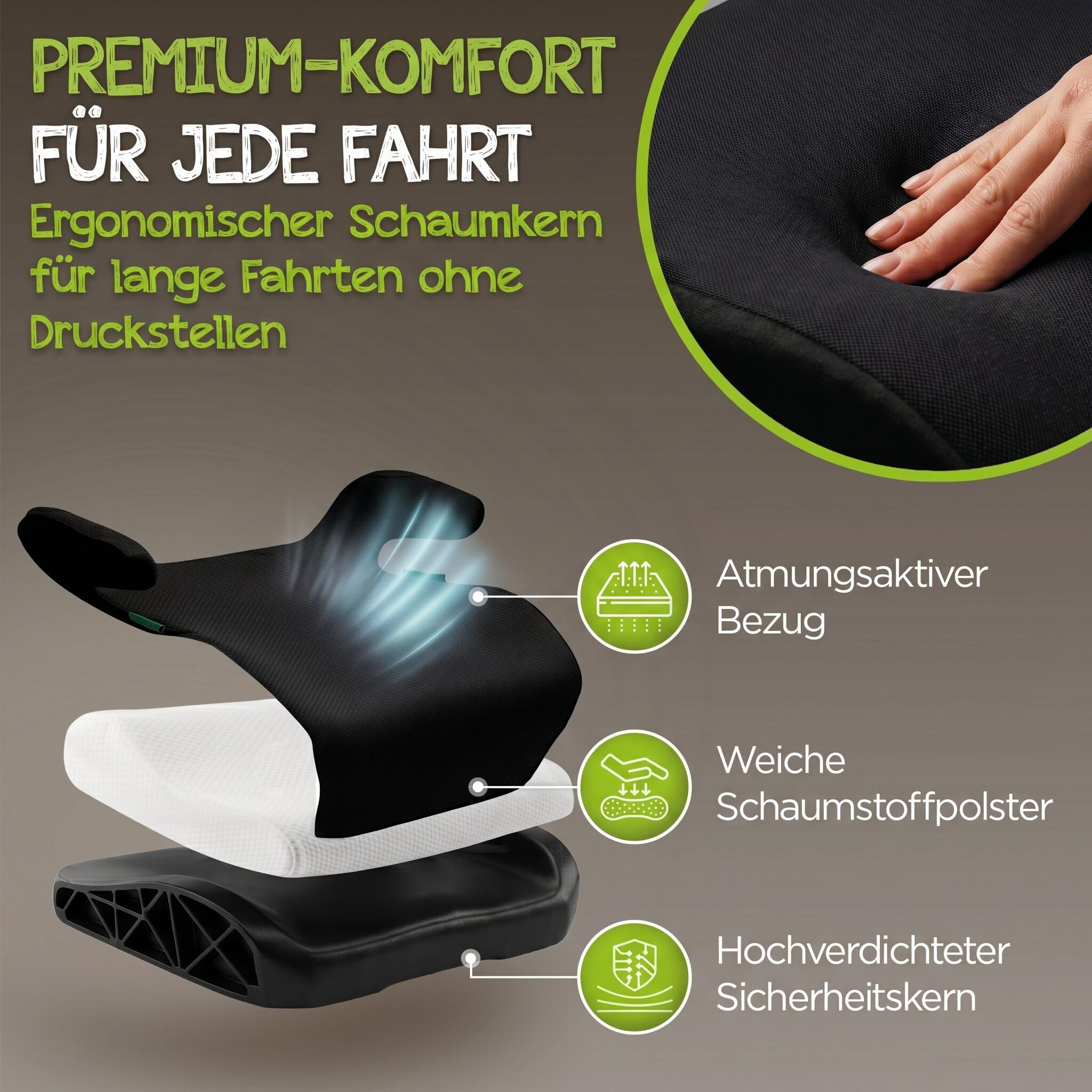 Kindersitz fürs Auto (Schwarz) – Kindersitzerhöhung für Kinder von 126-150cm – komfortabel und sicher durch geprüfte Sicherheit nach Norm R129 – kompakt und unkompliziert