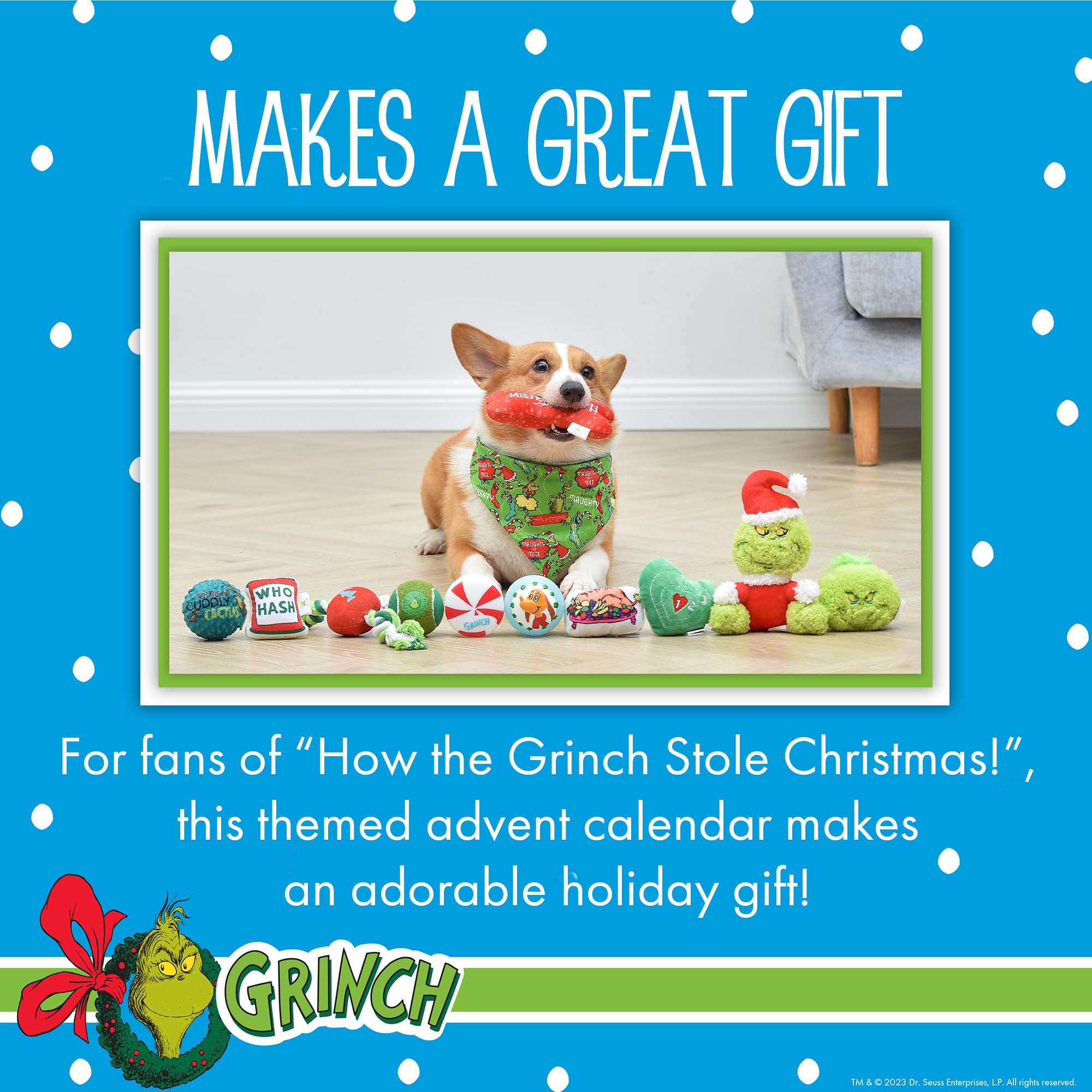 Dr. Seuss 'For Pets How the Grinch Stole Świąteczny kalendarz adwentowy dla psa z 12 zabawkami i akcesoriami niespodzianek; wypchacze do pończoch, prezenty świąteczne dla psów, prezenty świąteczne dla