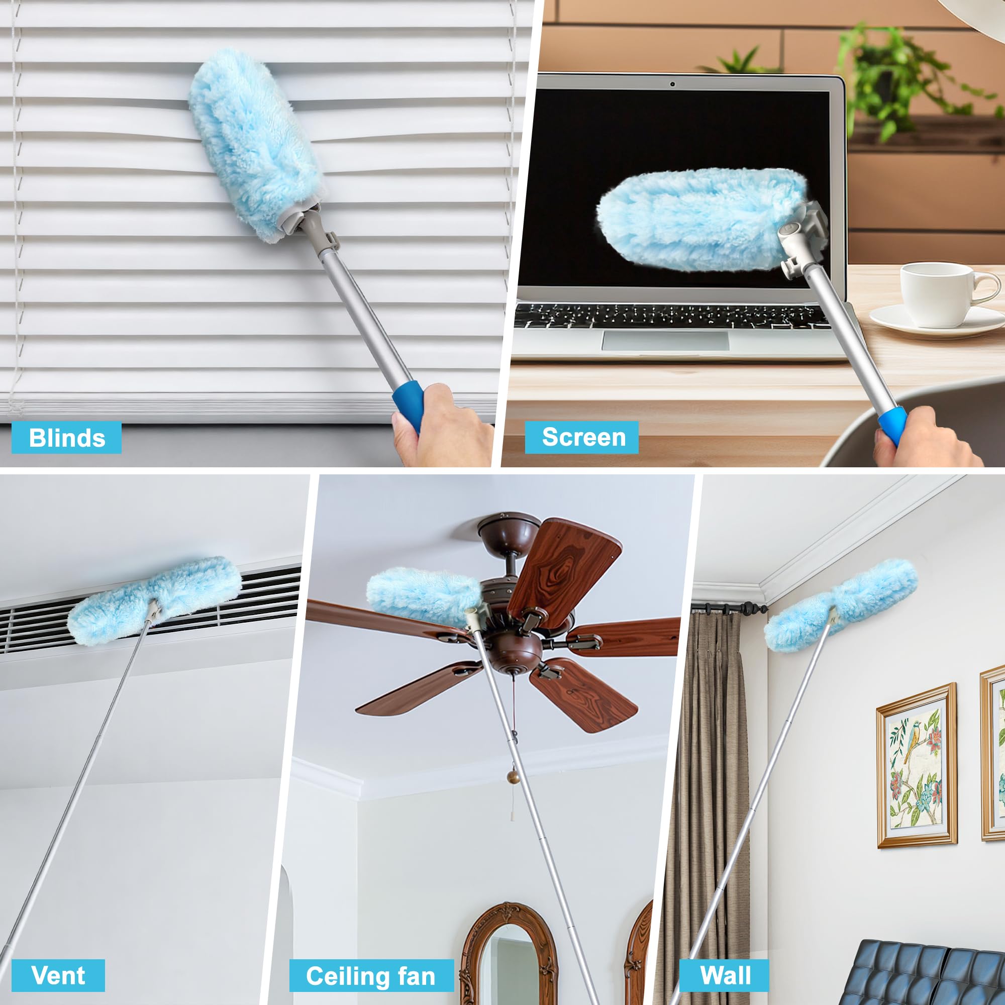 JEHONN Spolverino per Polvere 10 Ricariche Compatibile con Swiffer Bastone, 180 cm Togli Ragnatele Allungabile Resistente Kit Iniziale per Soffitto Ragnatela Ventilatore Tenda Mensole Finestra
