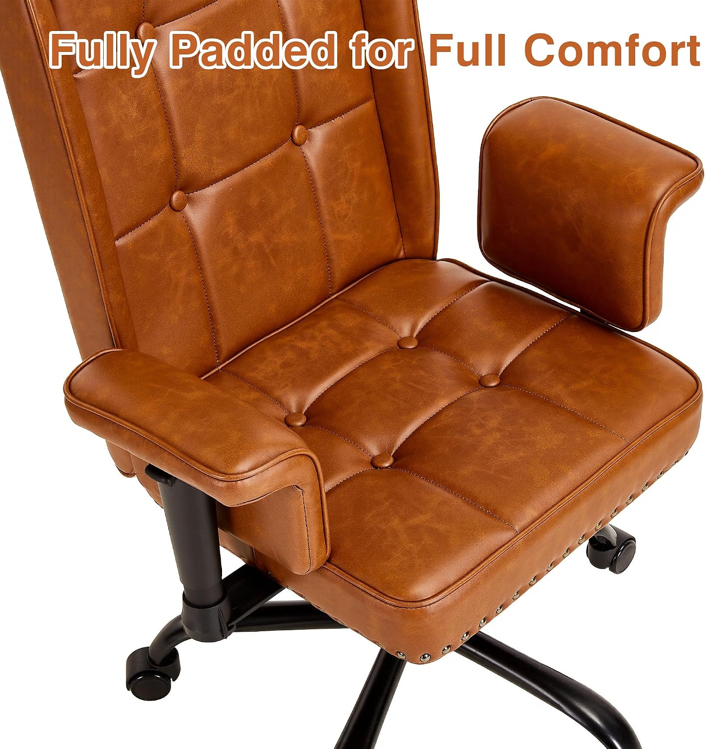 VECELO High Back Executive Office Chair with Wheels – PU Leather Ergonomic Desk Chair, Adjustable Height & Padded Armrests, Swivel Task Chair for Home Office, Brown