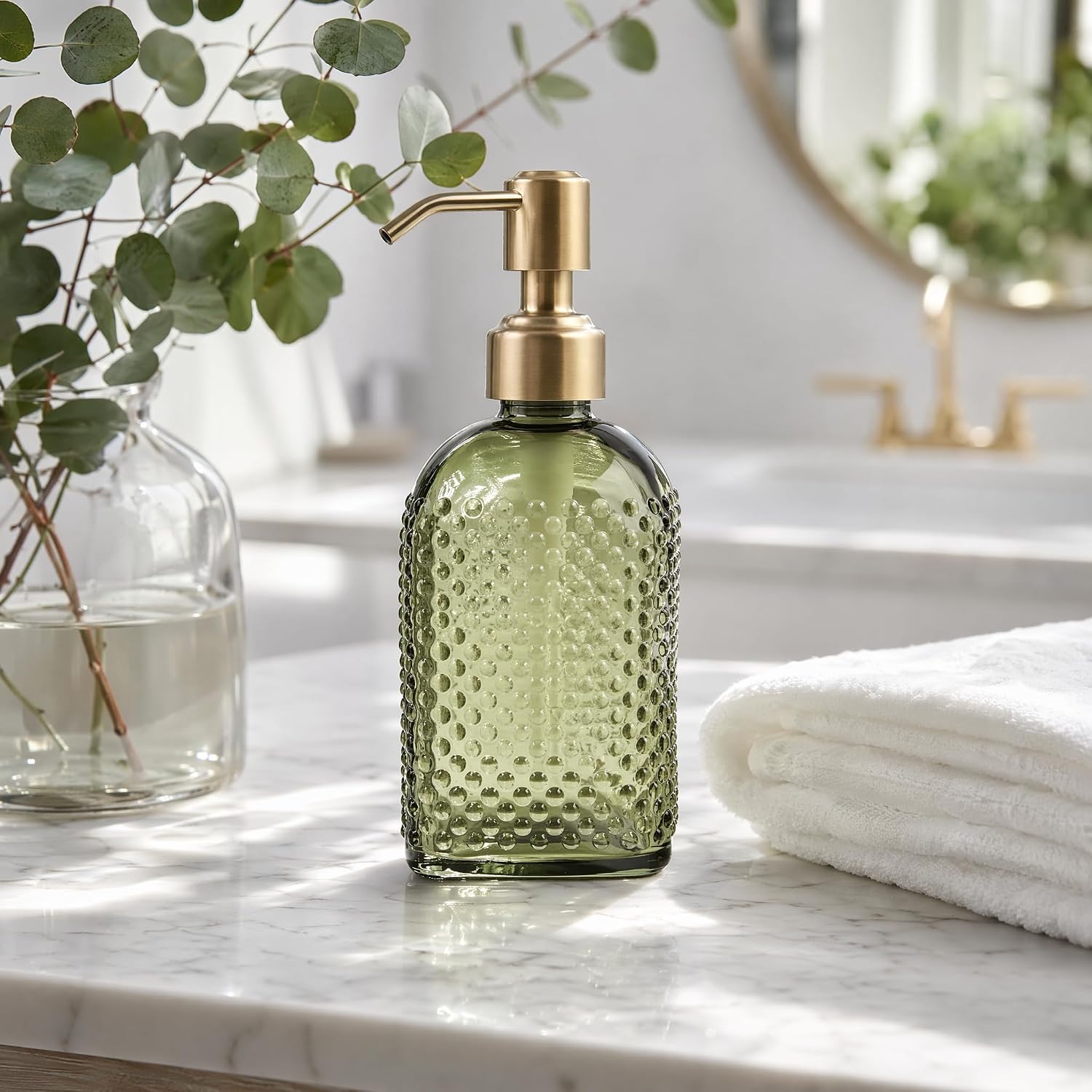 Green Glass Soap Dispenser with Brushed Gold Stainless Steel Pump Hobnail Design Refillable Bottle for Bathroom & Kitchen Countertop