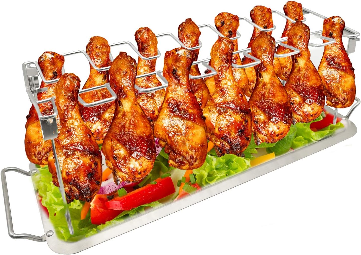 VIKEYHOME Chicken Leg Wing Grill Rack 14 Slots Stainless Steel Metal Roaster Stand with Drip Tray for Smoker Grill or Oven, Dishwasher Safe, Non-Stick, Great for BBQ, Picnic,Outdoor Party : Patio, Lawn & Garden