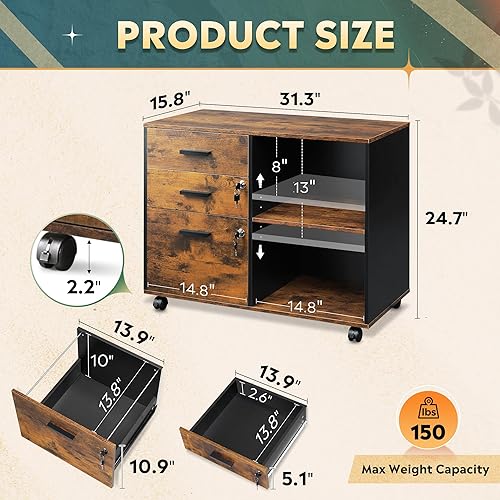 Miniatura 9 de DEVAISE Archivador de madera de 3 cajones con cerradura, archivador lateral móvil, soporte de impresora con estantes de almacenamiento abiertos