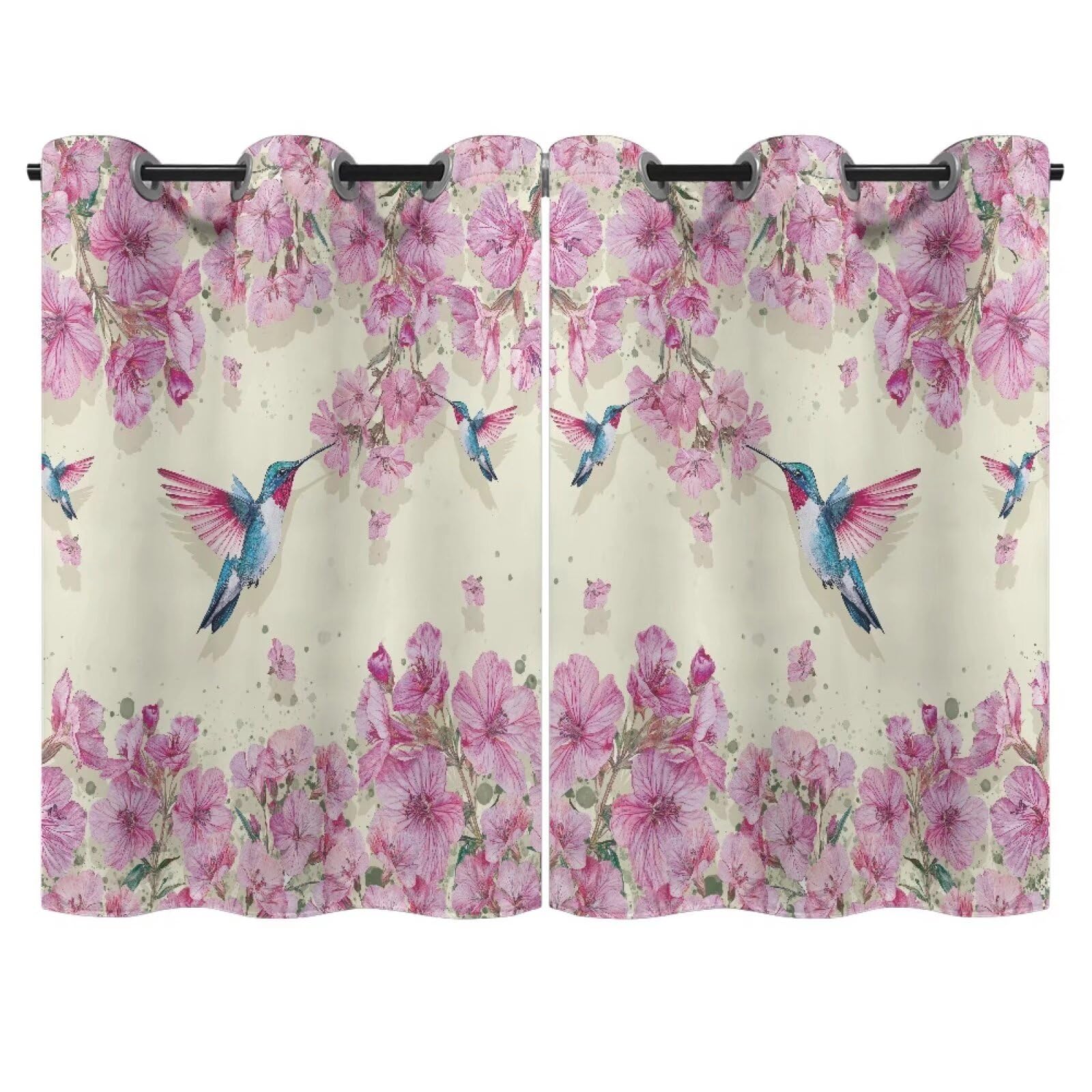 Yuresuaet Hummingbird Blackout Curtains Floral Curtains for Bedroom Gray Curtains Rod Pocket Valance Curtains for Living Room Kitchen Office Nursery Curtains Light Blocking Curtains