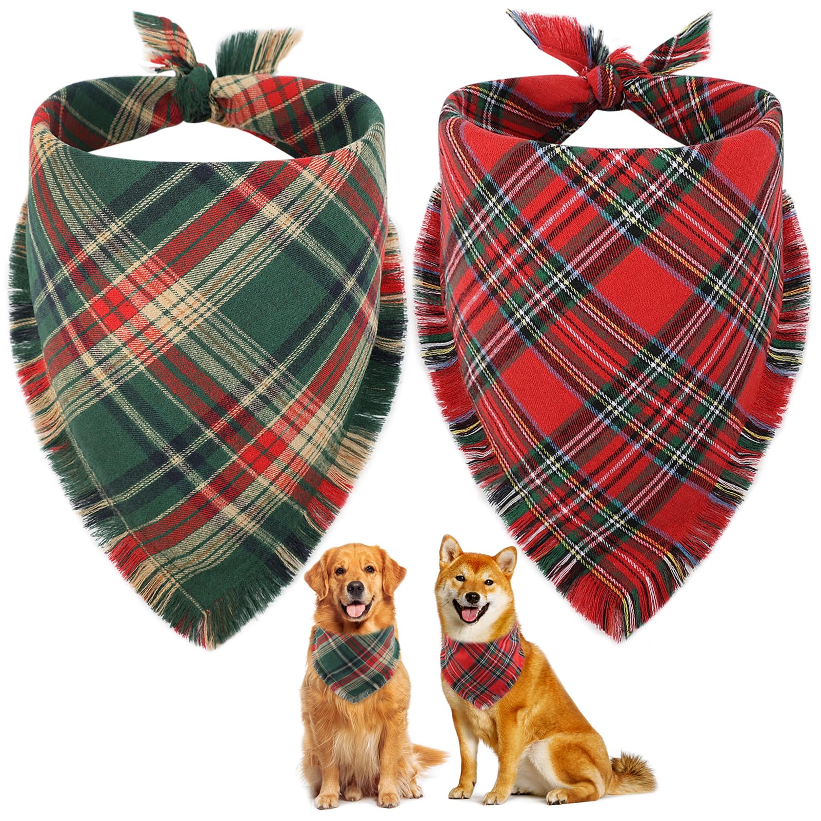 Vivifying Dog Christmas Bandana with Tassels Edges, 2 Pack Classic Plaid Triangle Pet Apparel & Accessories, Funny Holiday Dog Scarf Costume for Photo Prop, and Party Decor (X-Large, Red&Green)