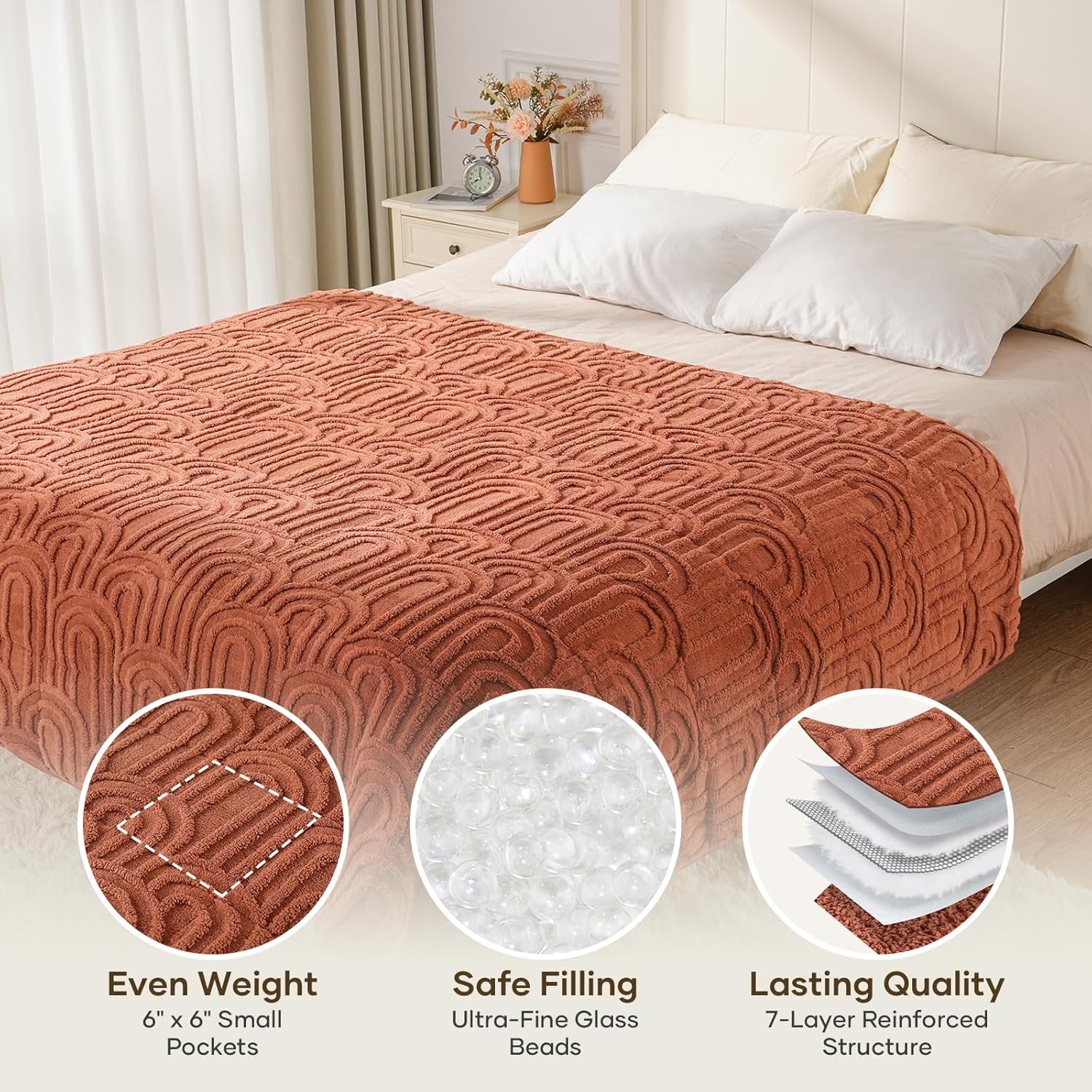 Cottonblue Jacquard Weighted Blanket for Adults 15 lbs Queen Size, Cozy Fluffy Sherpa Fleece Weighted Throw Blankets 60" x 80" for Sleep Relax, Fuzzy Warm Arch Heavy Blanket for Bed Couch, Rust Pink