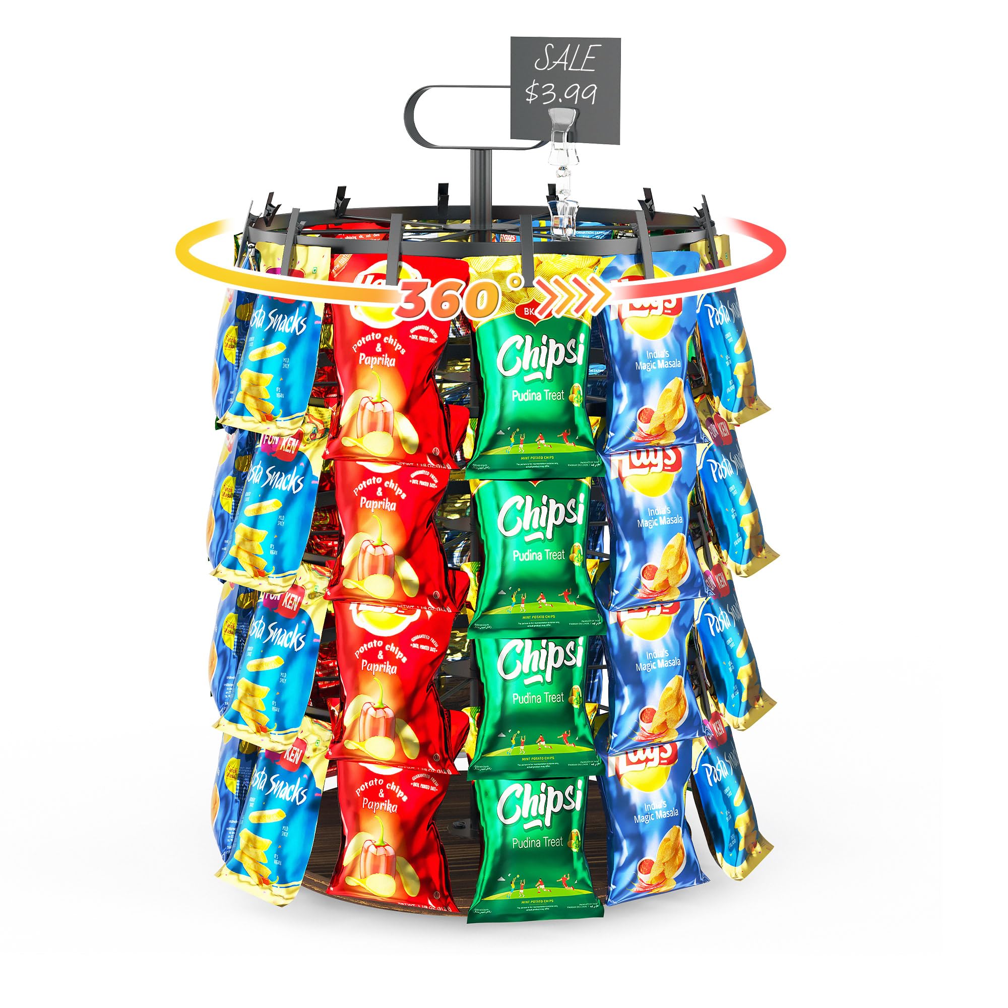 Espositore girevole a 4 ripiani con 48 clip, supporto per sacchetti di patatine fritte da banco con base in legno, organizer rustico per snack per feste, vendita al dettaglio (nero)