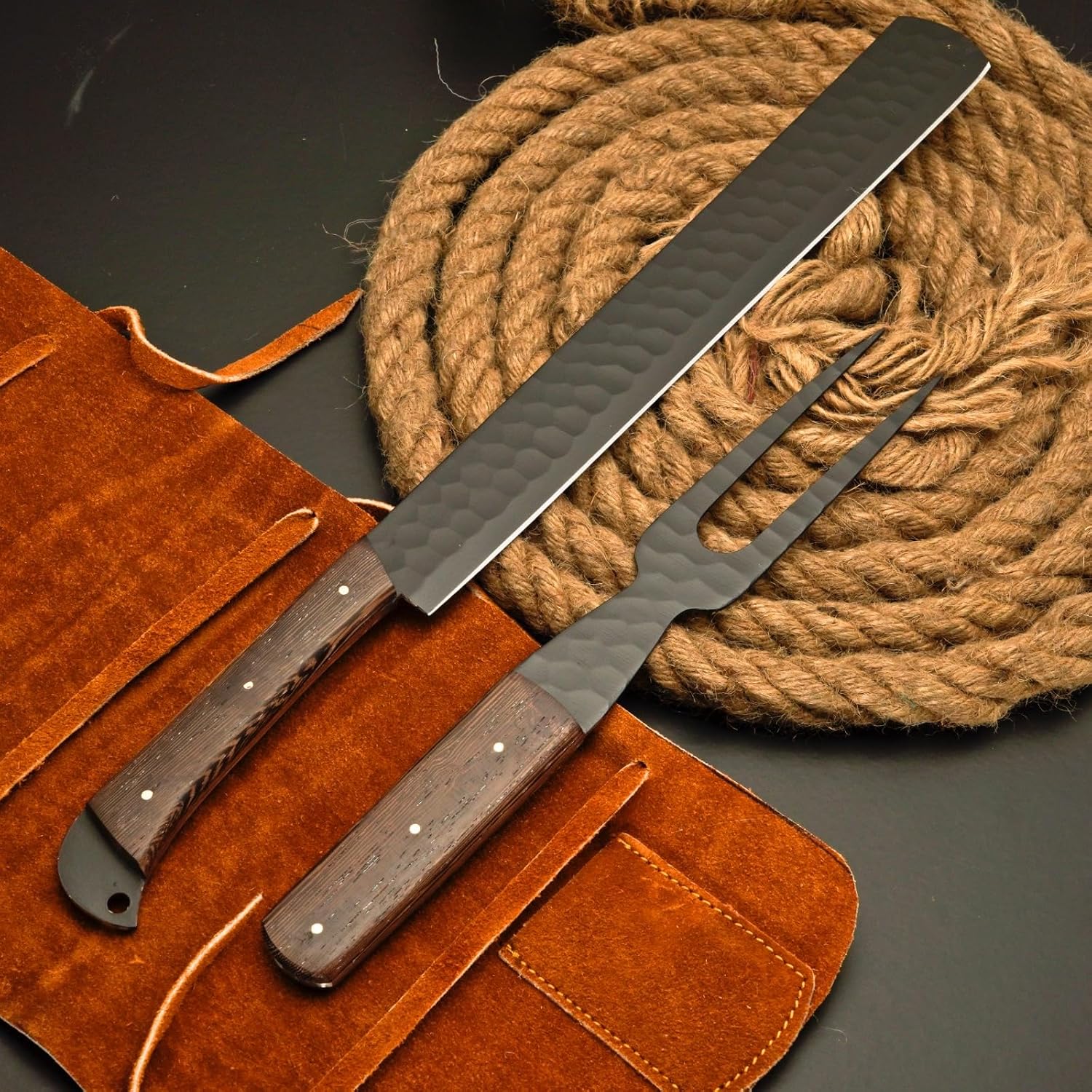 Brisket & Fork Set, Professional High Carbon Steel With Powder Coated Blade Razor Sharp Butcher Brisket Slicing Knife Set for Meat Cutting, BBQ