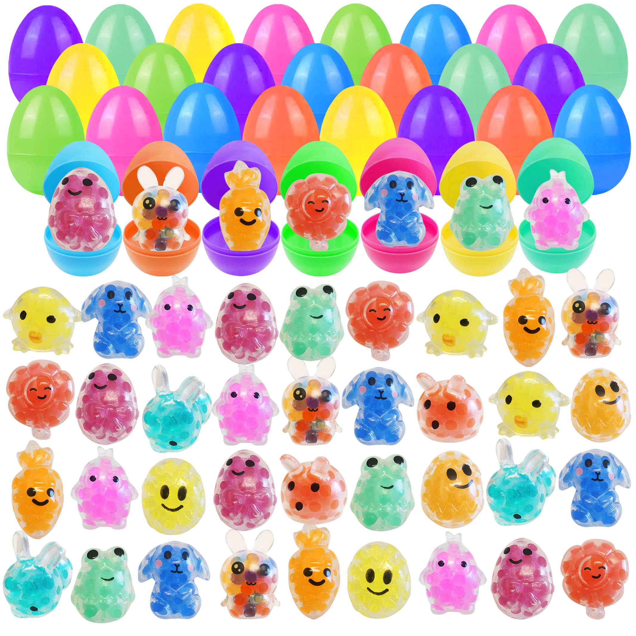 48 Pack Prefilled Easter Eggs with Squishy Toys Inside Bright Colorful Easter Eggs Filled with Easter Fidget Toys Great for Adult Easter Basket Stuffers Egg Fillers Party Favors