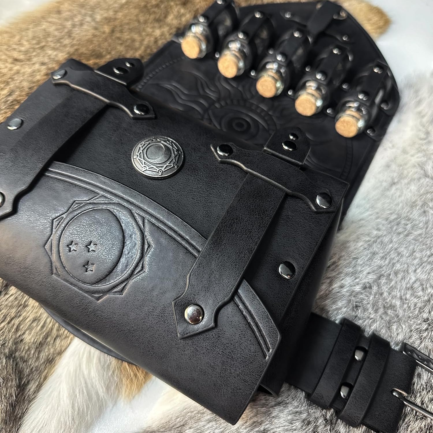 HiiFeuer 3PCs Medieval Alchemy Faux Leather Belt Bag Set with 5 Cork Potion Vials, Fantasy Embossed Wizard Belt (Black A) - Image 5