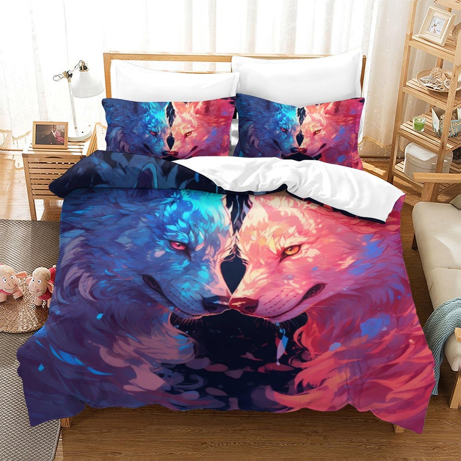 Housse de couette loup 3D sans repassage avec zip pour remplacer le linge de lit usé
