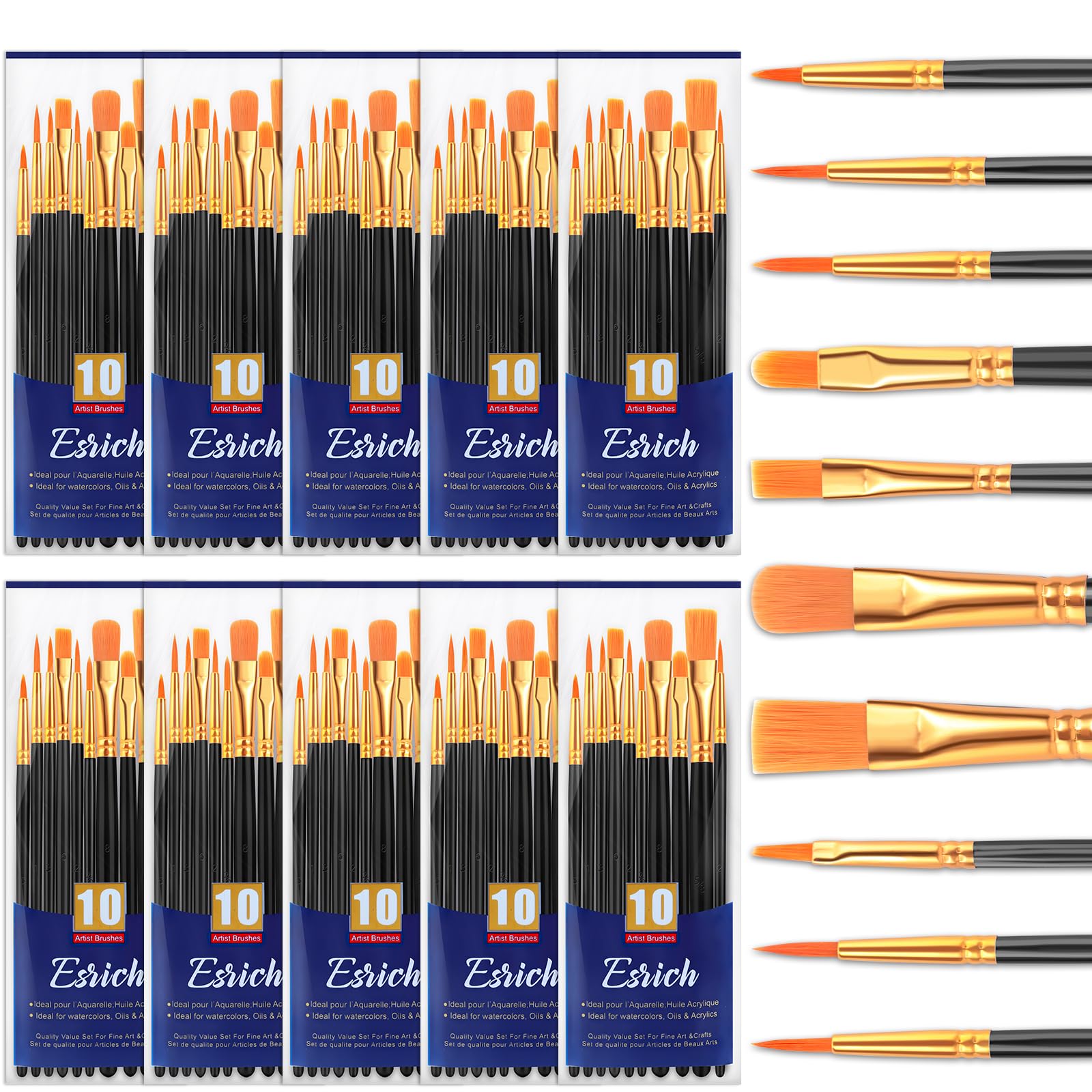 ESRICH Acrylic Paint Brushes Set, 10 Packs/ 100 Pcs Watercolor Brushes,Nylon Brush Head, for Oil Painting, Gouache, Face,Ceramics etc, Kid's and Adults Painting Arts and Crafts Paint Sets.