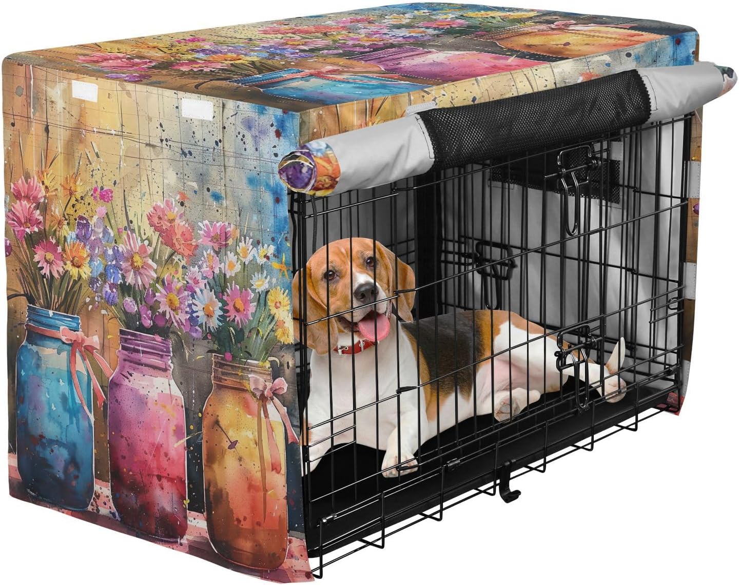 Colorful Mason Jars Spring Flowers Dog Crate Covers Roll-up Sides, Pet Cage Cover with Mesh Windows, X-Large