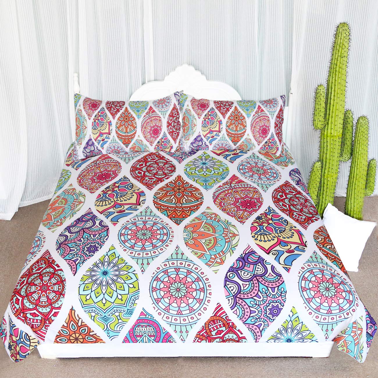 ARIGHTEX Colorful Mandala Bedding 3 Piece Bohemian Medallion Bedspread Girls Retro Floral Pattern Duvet Cover Set (Queen)