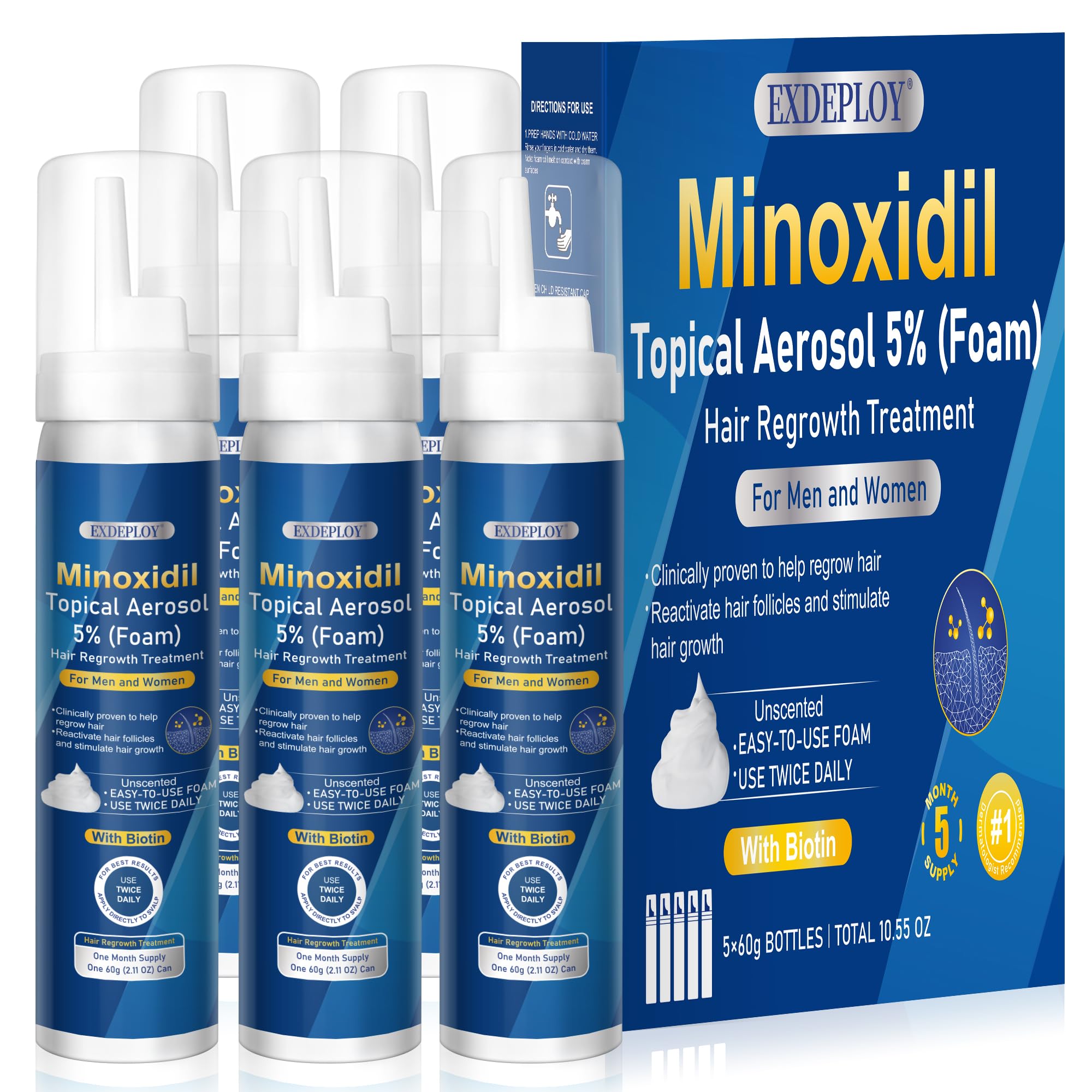 5% minoxidil foam for men-5pack, Infused with Biotin, Hair Growth Treatment, Supports Thicker and Fuller Hair & Beard (10.5oz, 5 Month Supply)