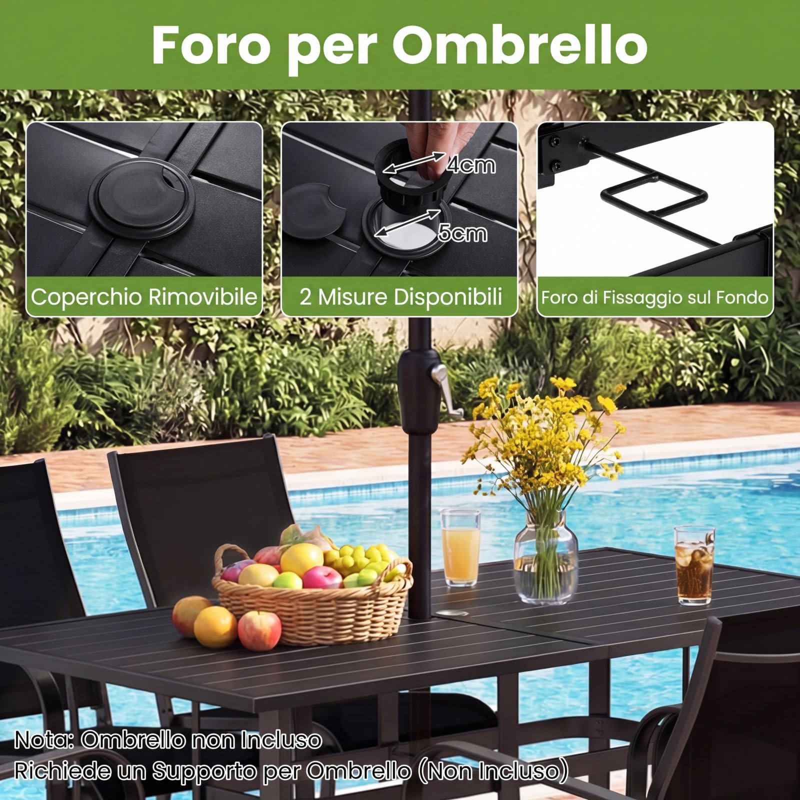 COSTWAY Tavolo da Giardino a 6 Posti in Metallo, con Foro di Ombrellone | Tavolo Pranzo Esterno Rettangolare per Balcone Terrazzo Campeggio, Portata 150 kg, 160 x 84 x 73 cm