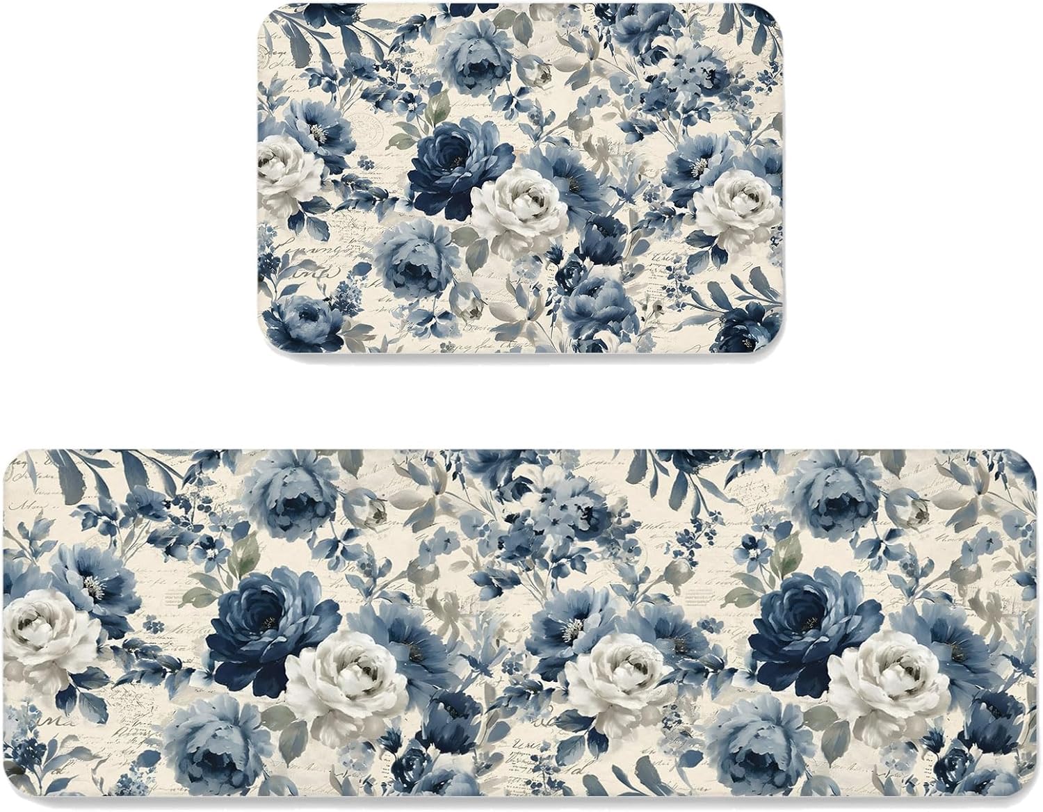 Vintage Blue Floral Kitchen Mats Set of 2 Romantic White Rose Botanical Country Non Slip Mat Washable Floor Rug for Kitchen Sink Floor Laundry, 15.7"x23.6"+15.7"x47.2"