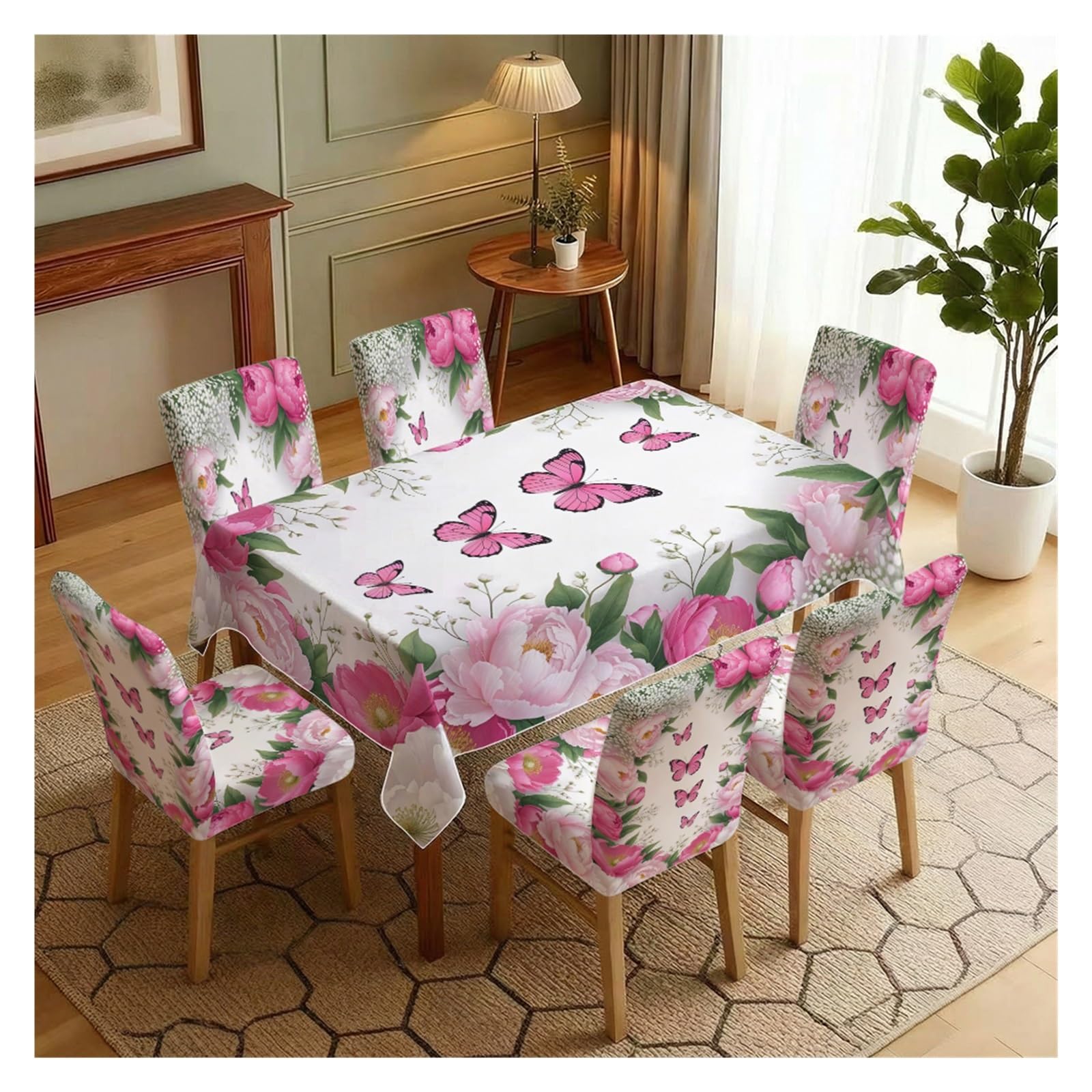 Housses chaise extensibles et nappe pivoine rose pour rénover votre salle à manger