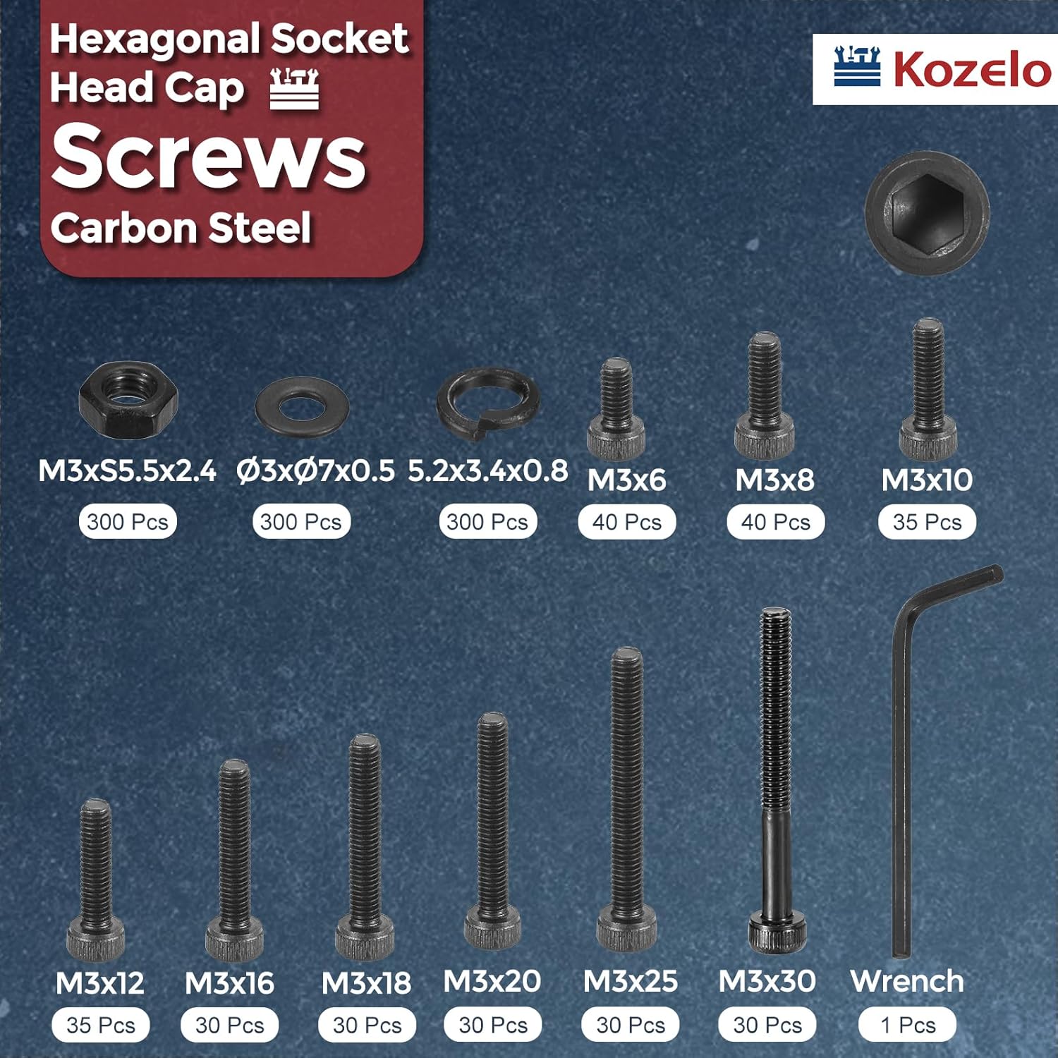 1200pcs M3 Socket Head Cap Screws Bolts Nuts Assortment Kit - [M3x6/8/10/12/16/18/20/25/30mm] Alloy Steel Black Oxide 12.9 Internal Hex Screw for 3D Printer Use,with Wrench