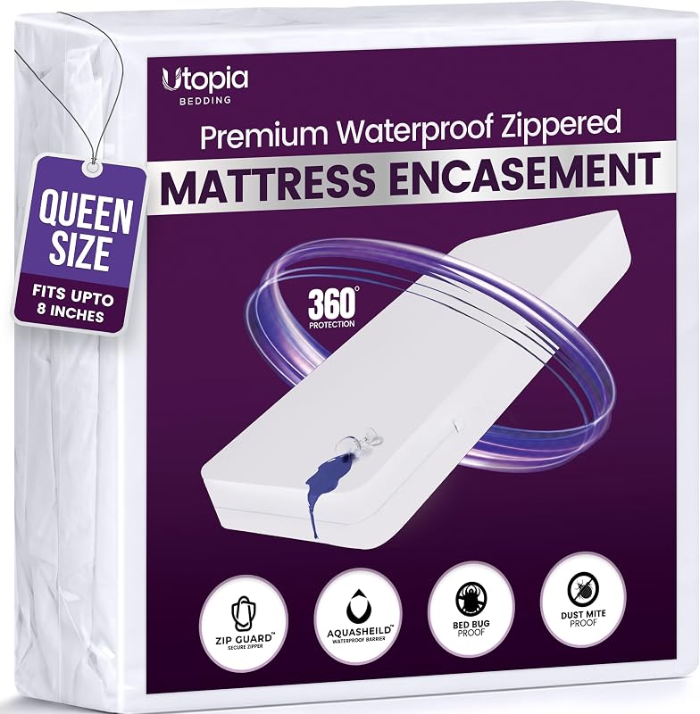 Protector de colchón impermeable de primera calidad con cremallera, tamaño Queen, 8" de profundidad | Funda para colchón contra chinches Utopia Bed, funda de colchón de 6 lados, a prueba de ácaros, lavable, se adapta a colchones de hasta 8" de profundidad