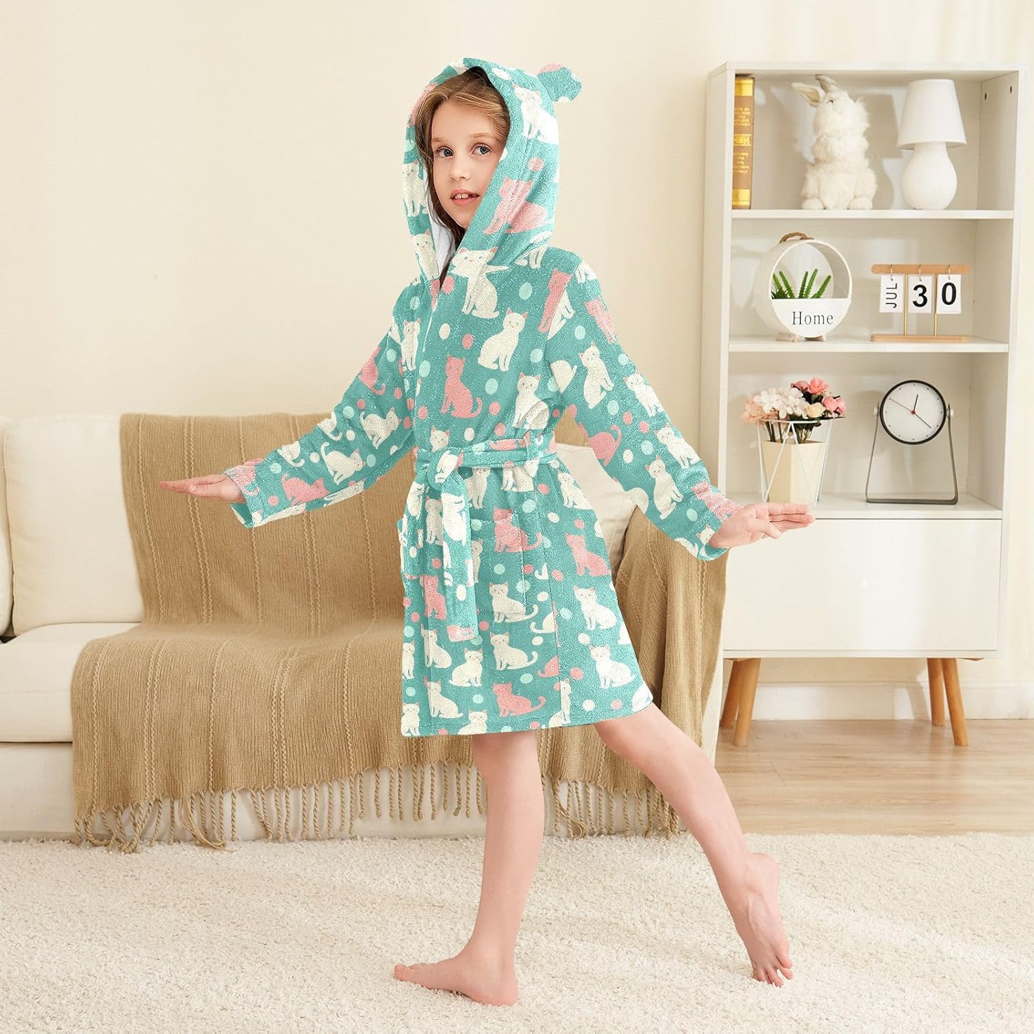 senya Color Cat on Green Dot Toddler Hooded Bathrobe Kids Soft Plush Bath Towel Robes for Boys Girls 2-12 Years
