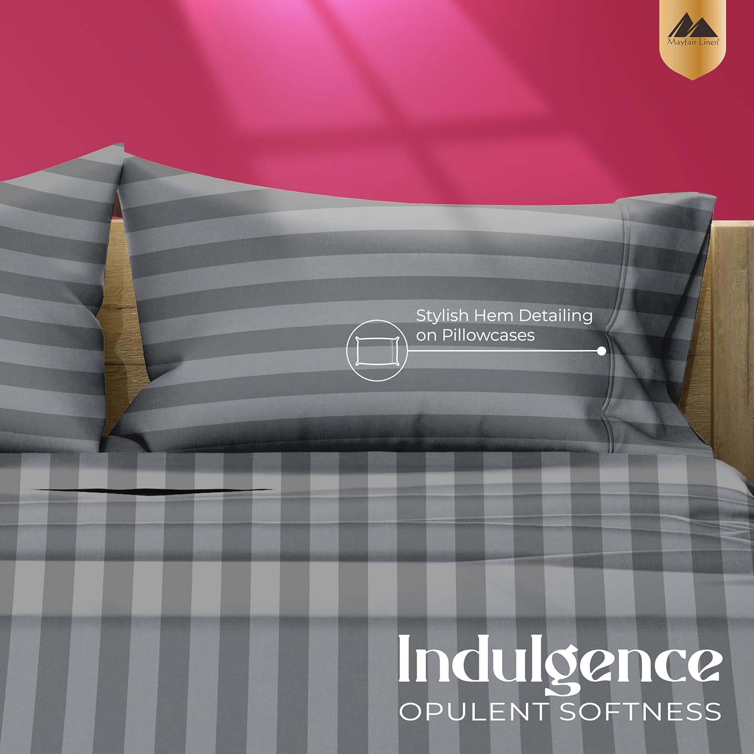 Mayfair Linen 100% Egyptian Cotton Pillow Cases King Size Set of 2 - Luxury 1200 Thread Count Sateen Weave Dark Grey Stripe Pillow Cases, Soft 5 Star Hotel-Quality Pillowcases, Fits King Size Pillows