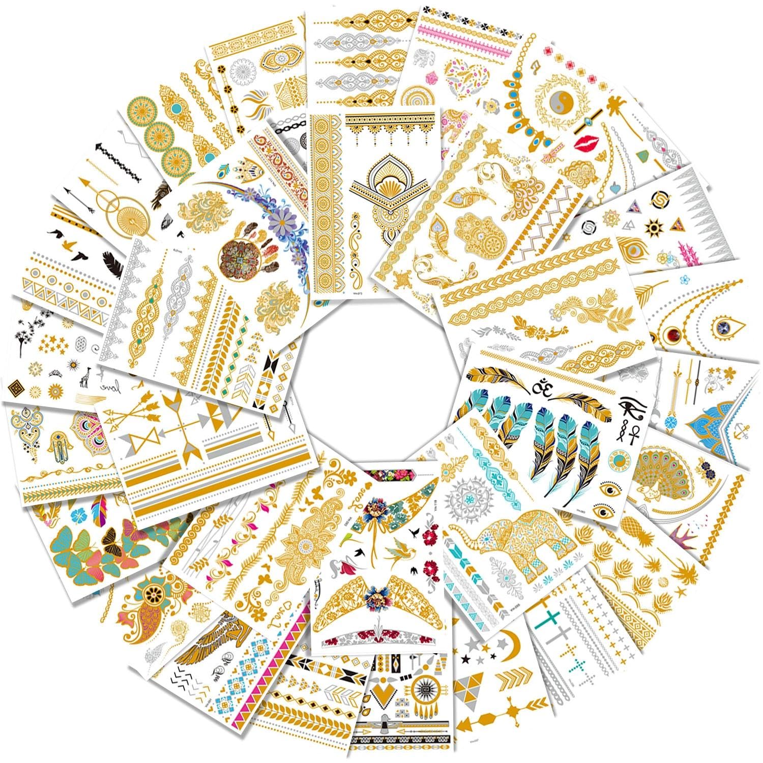 Aresvns Gold tattoo metallic 32 Sheets,Over 340+ Flash temporary tattoos for women teens girls kids,Waterproof flash henna tattoos,Glitter jewelry tattoos Christmas Gift