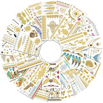 Aresvns Gold tattoo metallic 32 Sheets,Over 340+ Flash temporary tattoos for women teens girls kids,Waterproof flash henna tattoos,Glitter jewelry tattoos Christmas Gift
