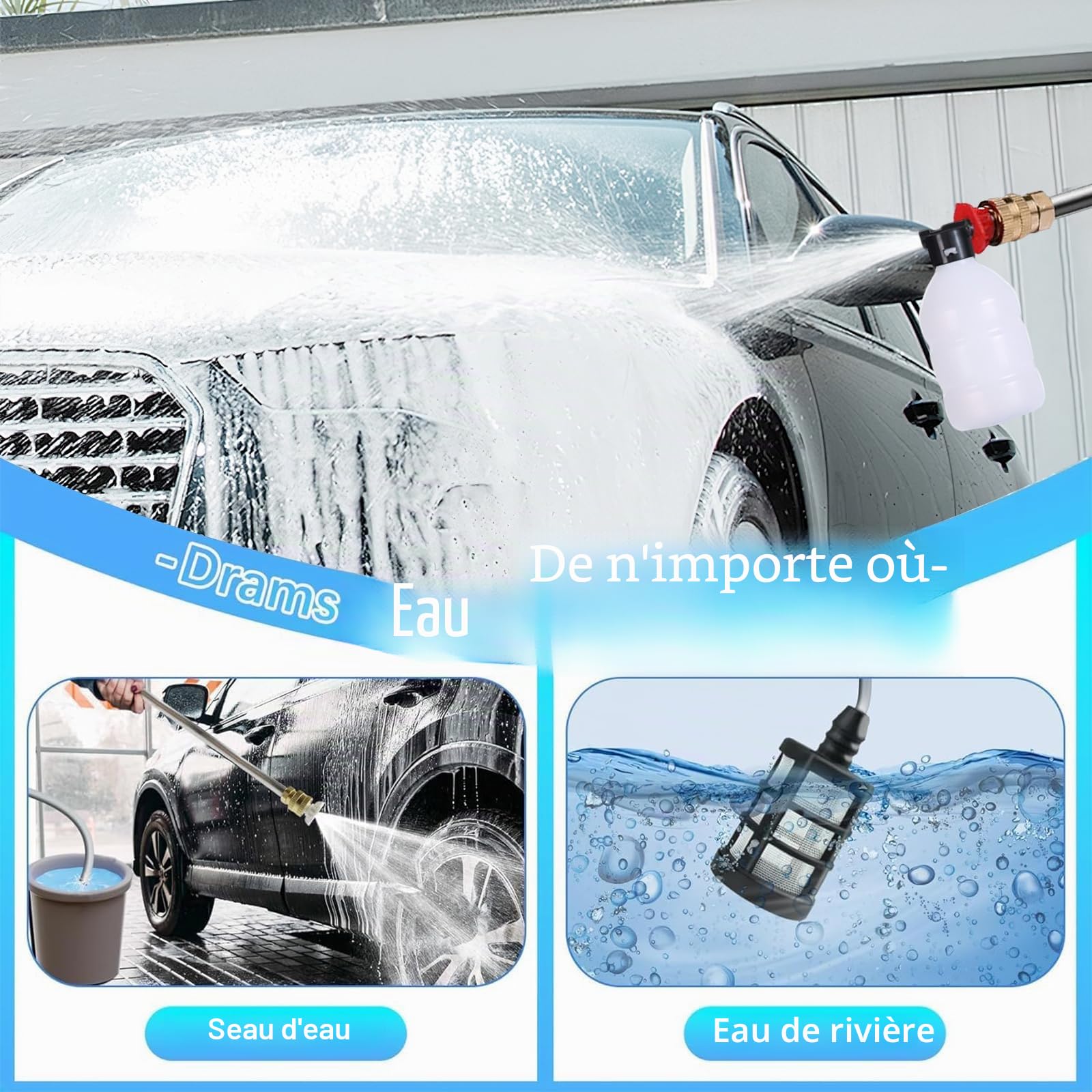 Nettoyeur Haute Pression, Nettoyeur Haute Pression sans Fil Nettoyeur Haute Pressions sur Batterie, 21v 6000mah, Tuyau de 5M, Pistolet Haute Pression pour Lavage et Arrosage de Voiture (1 Batterie)