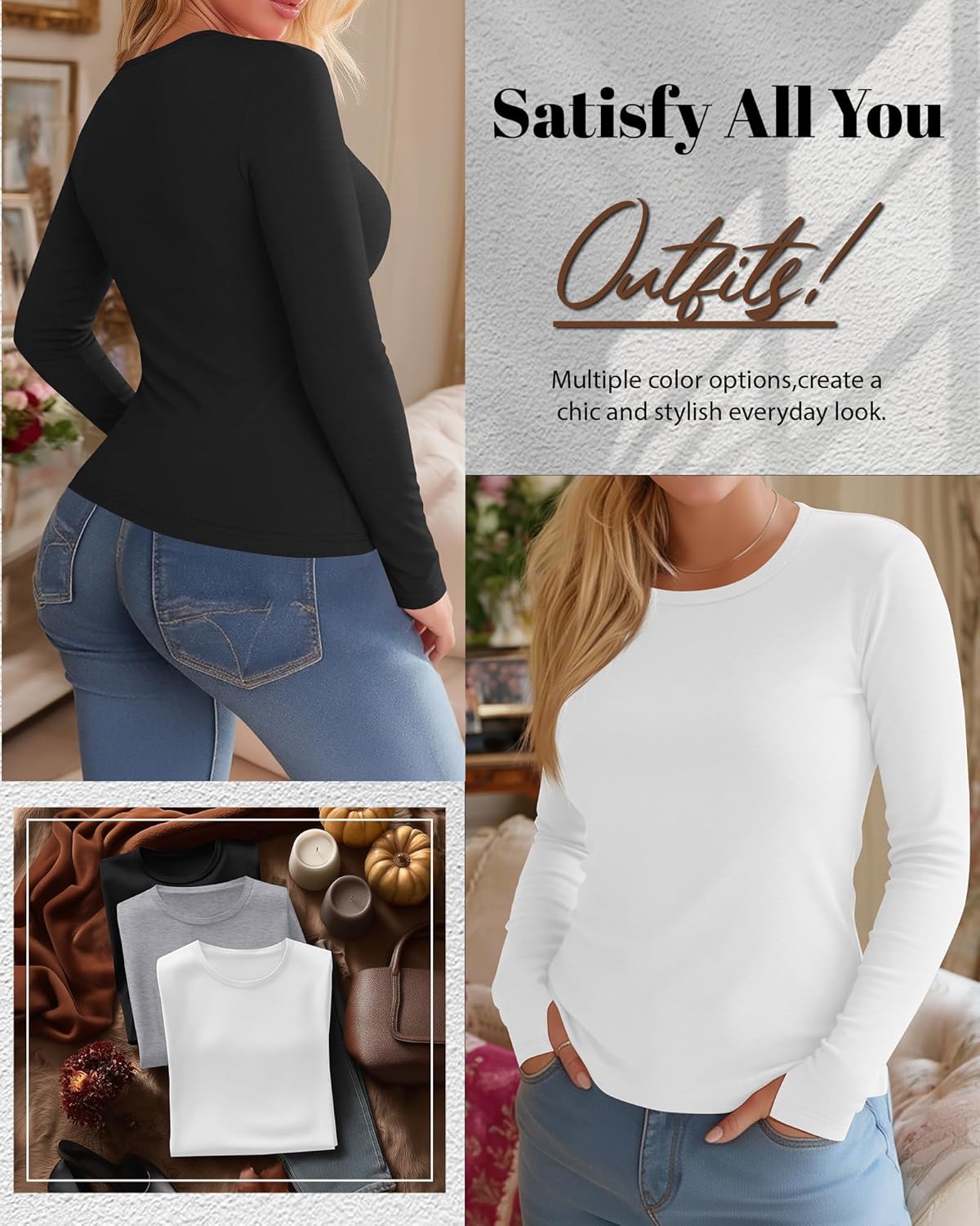 3 Pack Women's Plus Size Long Sleeve Shirts Crew Neck Slim Fitted Tops Casual Basic T-shirts with Thumb Holes - Image 3