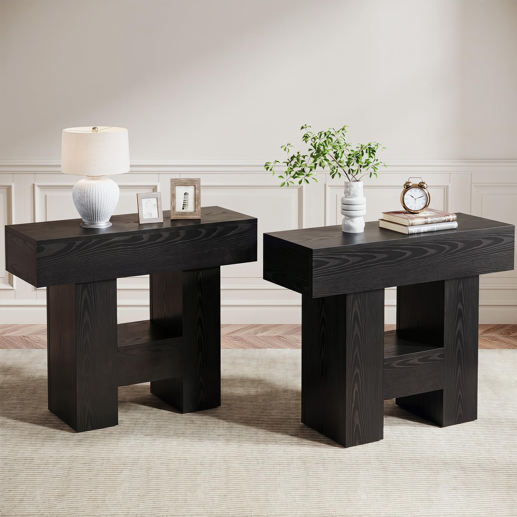 Tribesigns Farmhous End Table, 2-Tier Narrow Side Table with Storage Shelf for Living Room, Rustic Wooden Sofa Side Tables and Nightstand for Bedroom, Living Room, Apartment (2, Black)