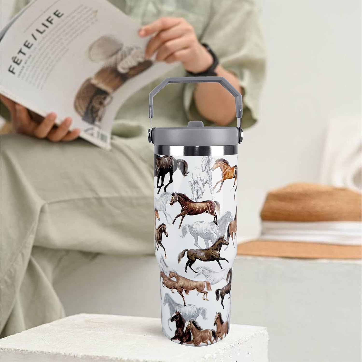 30 oz Horse Tumbler with Straw Handle, Vintage Gifts for Women Men Horse Lover, Stainless Steel Insulated Water Bottle Coffee Cups for Home Office Travel（White） - Image 2