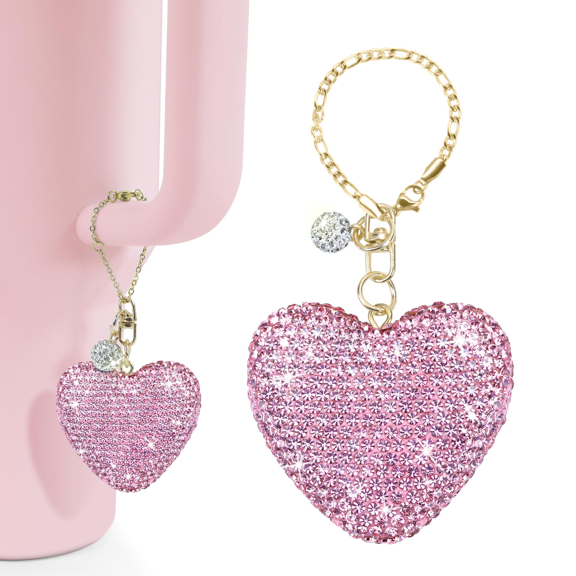 Mokoart Glitter Heart Shape Charms for Stanley Decorations, Tumbler Accessories for Stanley Cup with Handle 40 oz 30 oz, Bling Cute Love Heart Charms for Stanley Cup Accessories (Pink)