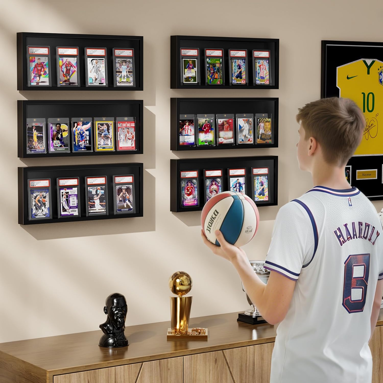 Emfogo Card Display Case, Trading Card Display Frame Wall Mount, Wooden Baseball Card Display Case with Clear View, Graded Sports Card Display for Trading Card Collection (1 Pack-Black)