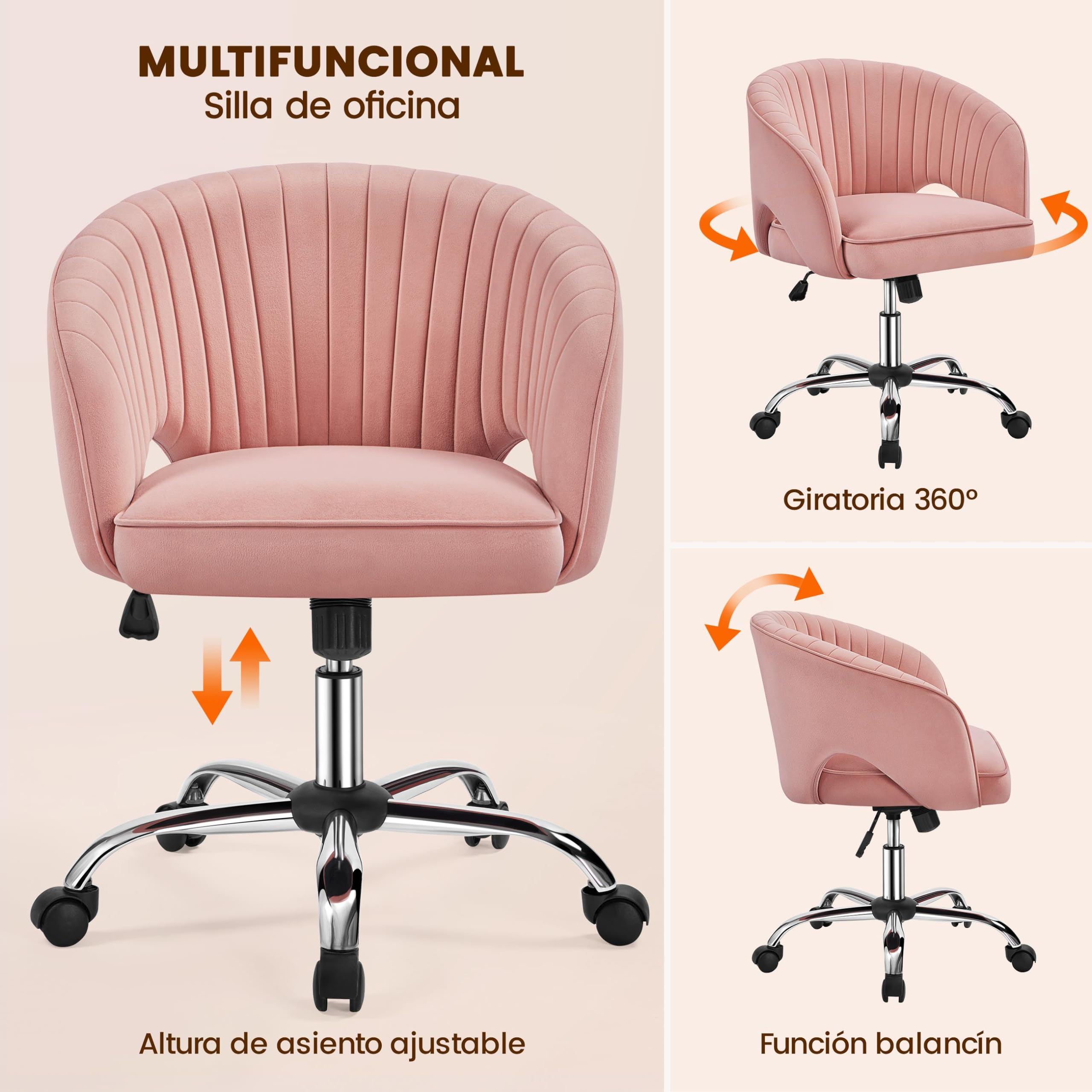 Yaheetech Silla de Oficina Silla de Terciopelo con Rudas Giratorias de 360° con Función de Inclinación Sillon para Trabajo Silla Altura Ajustable Tapizada de Terciopelo Rosa