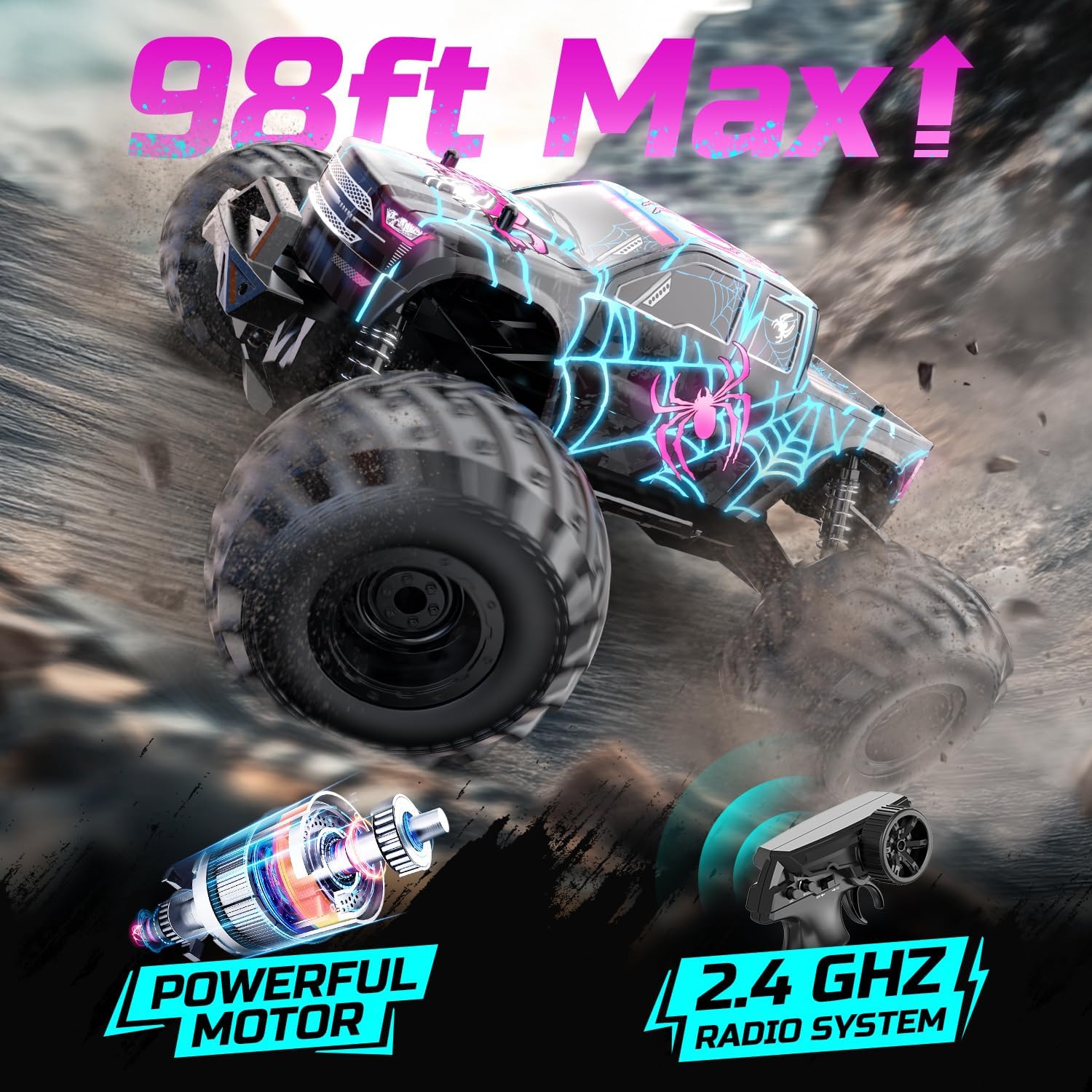 DEERC 1/16 Glowing Spider Remote Control Car - Fast RC Cars W/2 Rechargeable Batteries for 40 Min Play, All Terrain Off-Road Monster Truck Toys for Boys Kids Age 4-7 8-12 Birthday Xmas Gift - Image 5