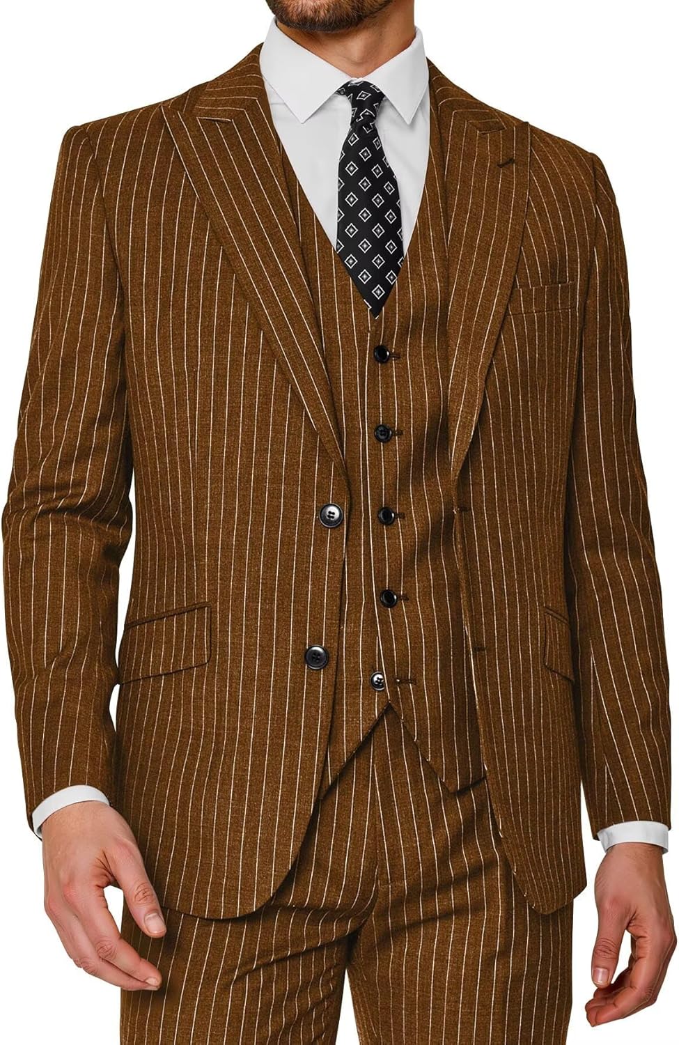 Wangyue Pinstripe Suits for Men Slim Fit 3 Piece Stripe Suit Men Wedding Formal Business Elegant Two Button Prom Tuxedo