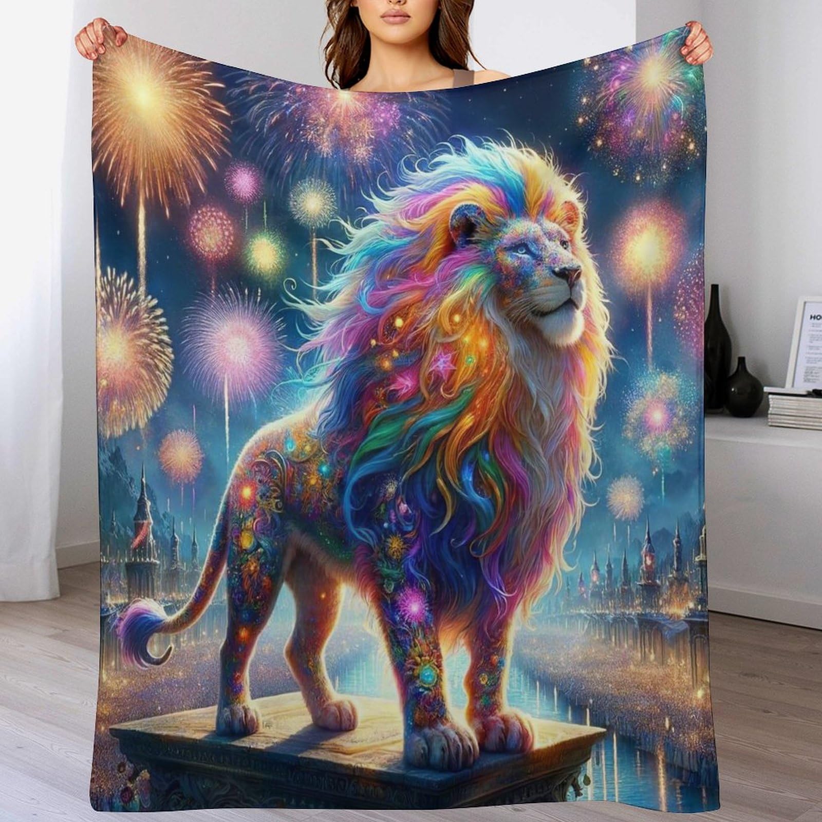 Couverture flannel polaire lion grand plaid de séjour toutes saisons 150x200
