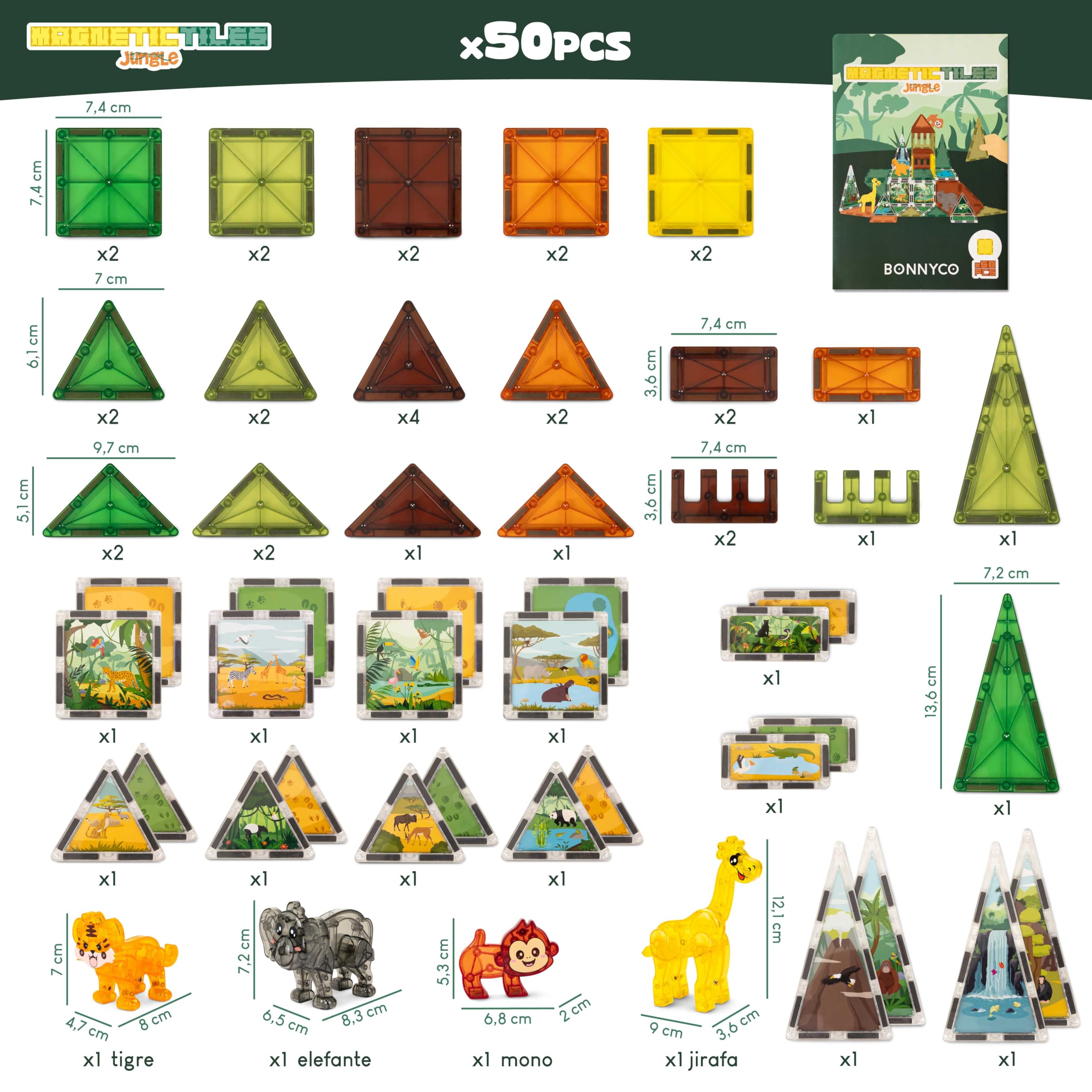 BONNYCO Bloques Magneticos Construccion Niños con Figuras de Animales 50 Pcs. Construcciones Magneticas Niños con Ilustraciones, Regalo Infantil. Juguetes Educativos 3 4 5 6 7 8 10 Años Navidad