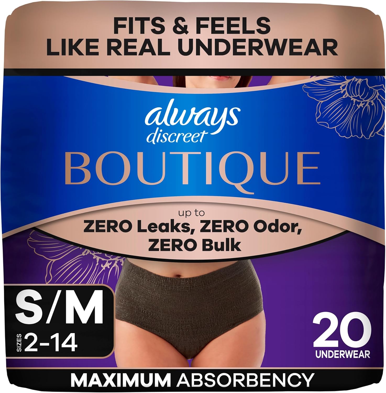 Always Discreet Boutique Incontinence and Postpartum Underwear for Women, Maximum Protection, Small/Medium, Black, 20 Count