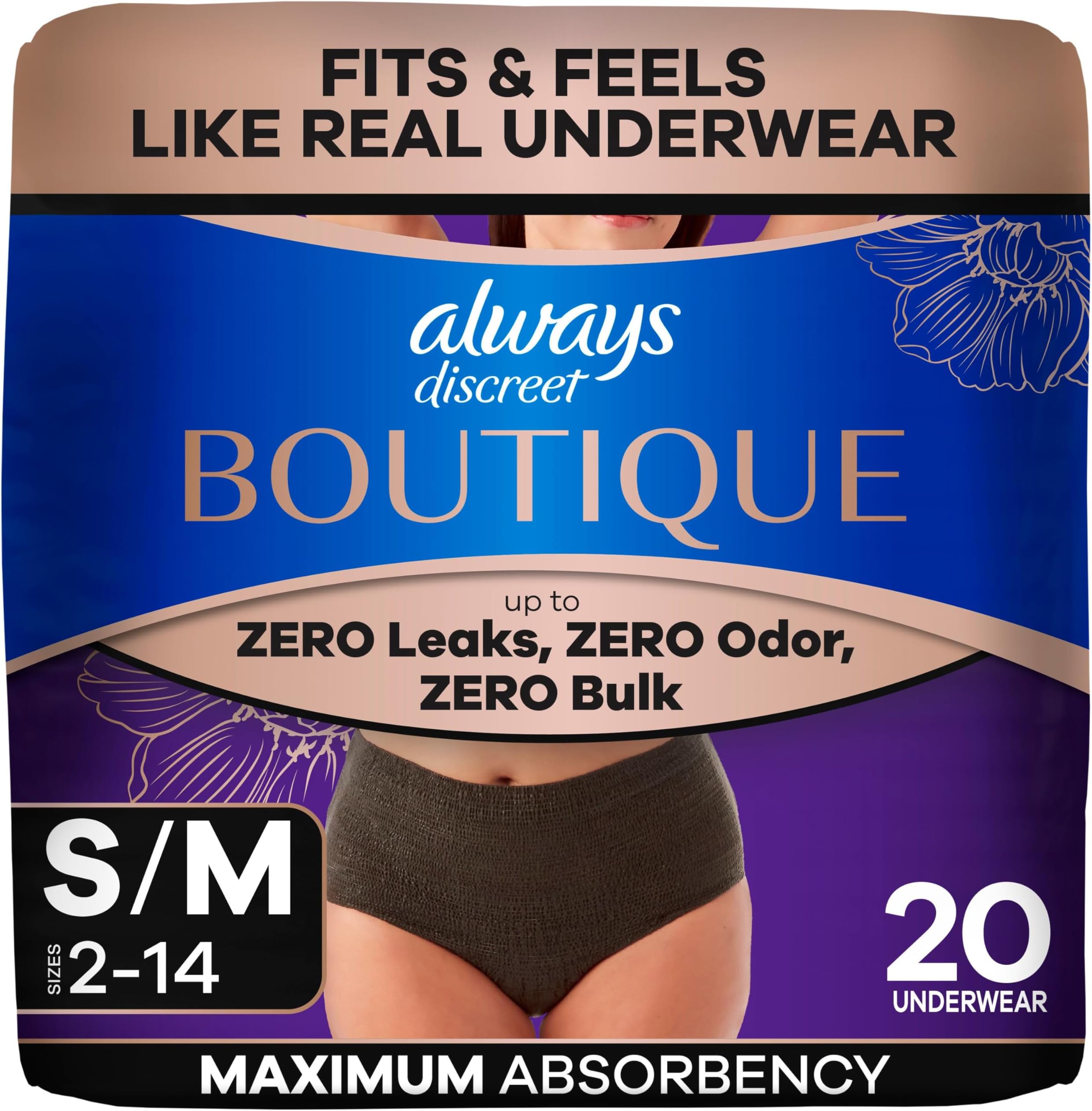Boutique Incontinence and Postpartum Underwear for Women, Maximum Protection, S/M, Black, 20 Count (Packaging May Vary)