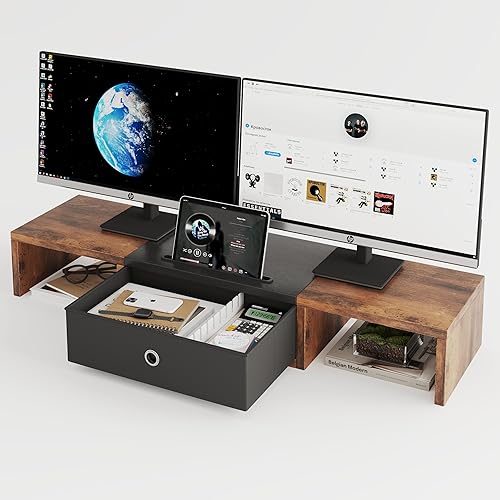 Soporte elevador de monitor doble con cajón, soporte de monitor de computadora de almacenamiento grande de 36 pulgadas para 2 monitores, organizador
