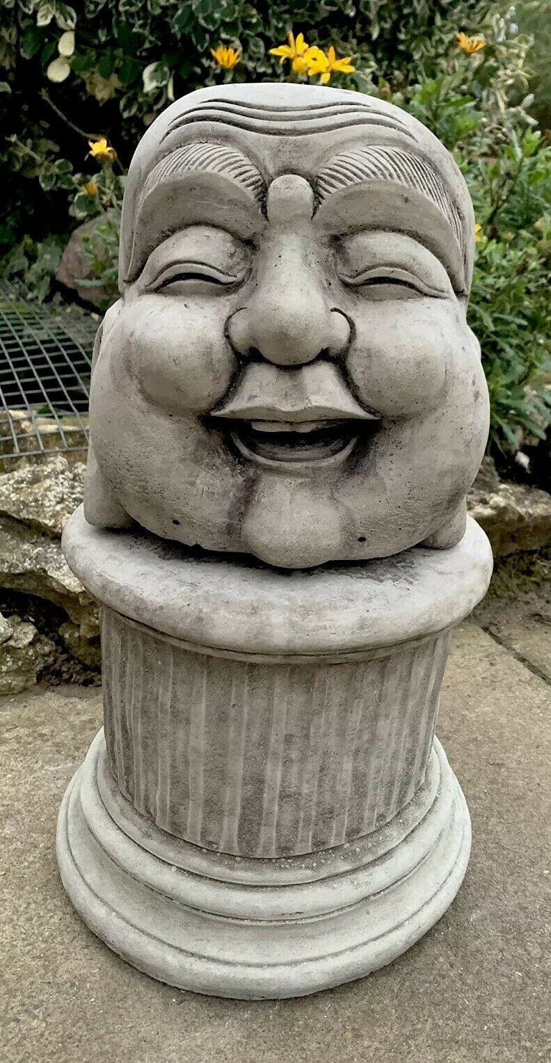 J And L Stone Ornaments Stone Garden Happy Smiling Buddha Head Statue With Plinth Detailed Ornament Gift