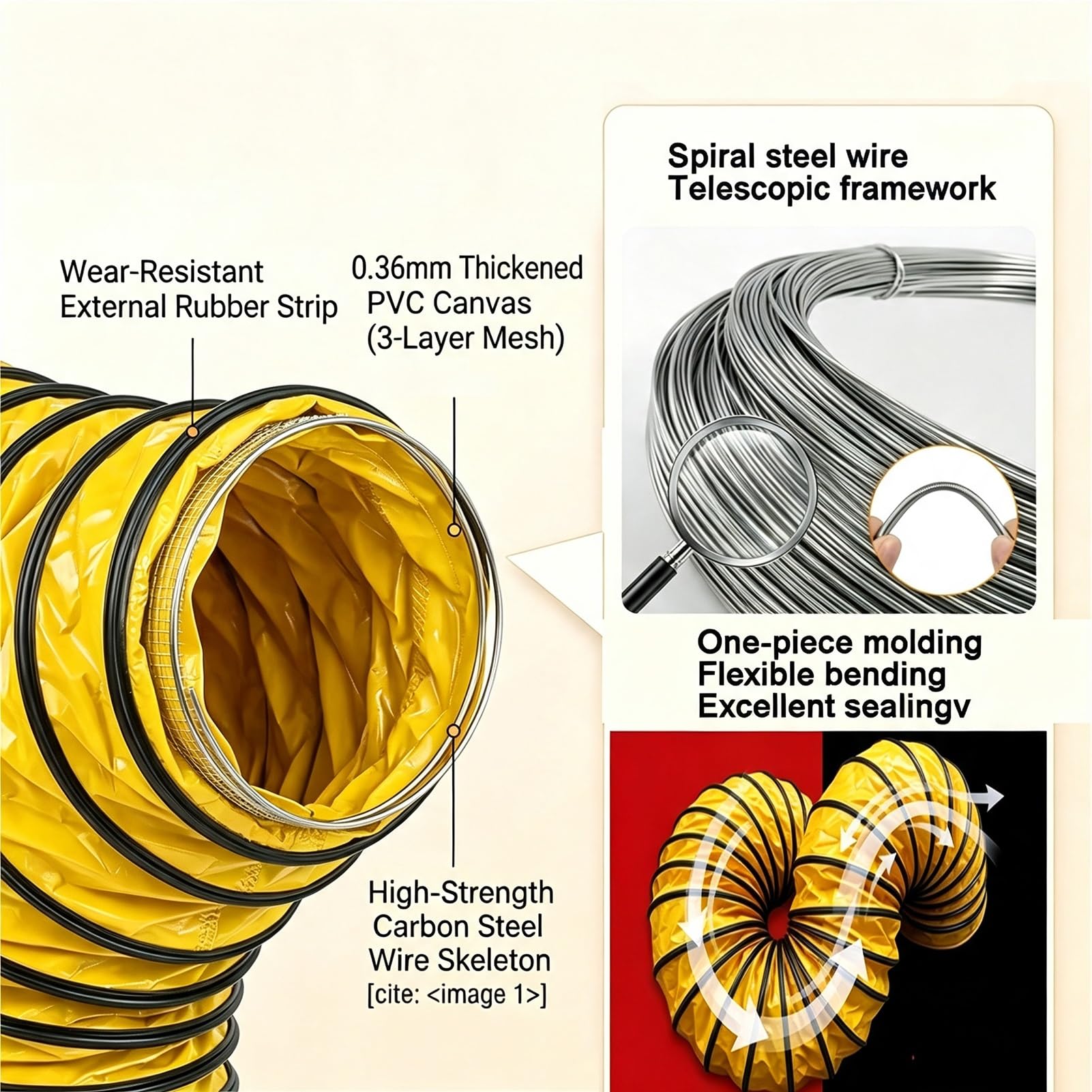 Tubo di Ventilazione Ignifugo, Tubo Soffiatore Telescopico | Resiste fino a 120°C | Piegatura 360° | Anelli a D per facile sospensione senza perdite(L8m/26.2FT,Id(A)950mm/37.4in)