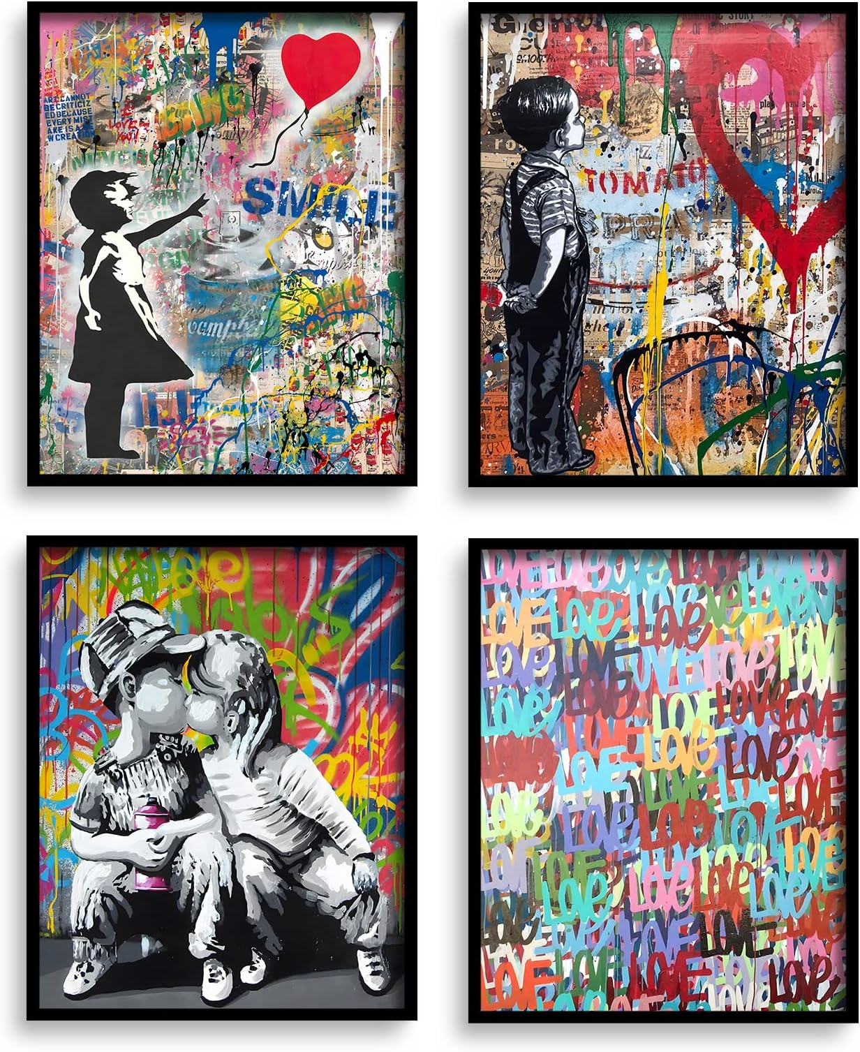 Banksy graffiti Wall Art for Living Room Decor,11x14 inch Unframed Banksy Street Art Print Set of 4 Little Couple Picture Print Pop Artwork Lovely Abstract Artwork Home Decor Room Wall Pictures