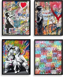 Banksy graffiti Wall Art for Living Room Decor,11x14 inch Unframed Banksy Street Art Print Set of 4 Little Couple Picture Print Pop Artwork Lovely Abstract Artwork Home Decor Room Wall Pictures